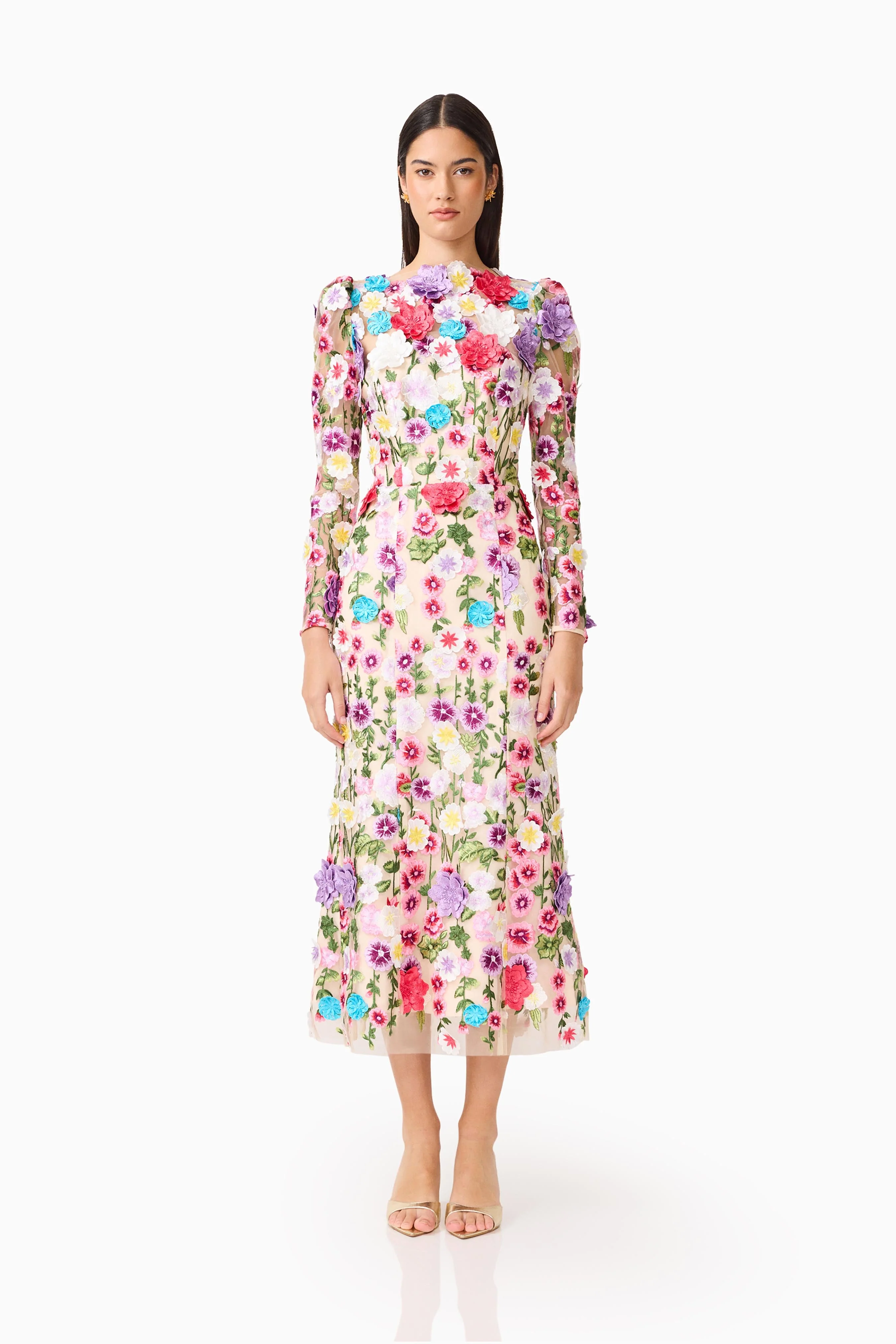 Rosette Long Sleeve Midi Dress in Multi Floral