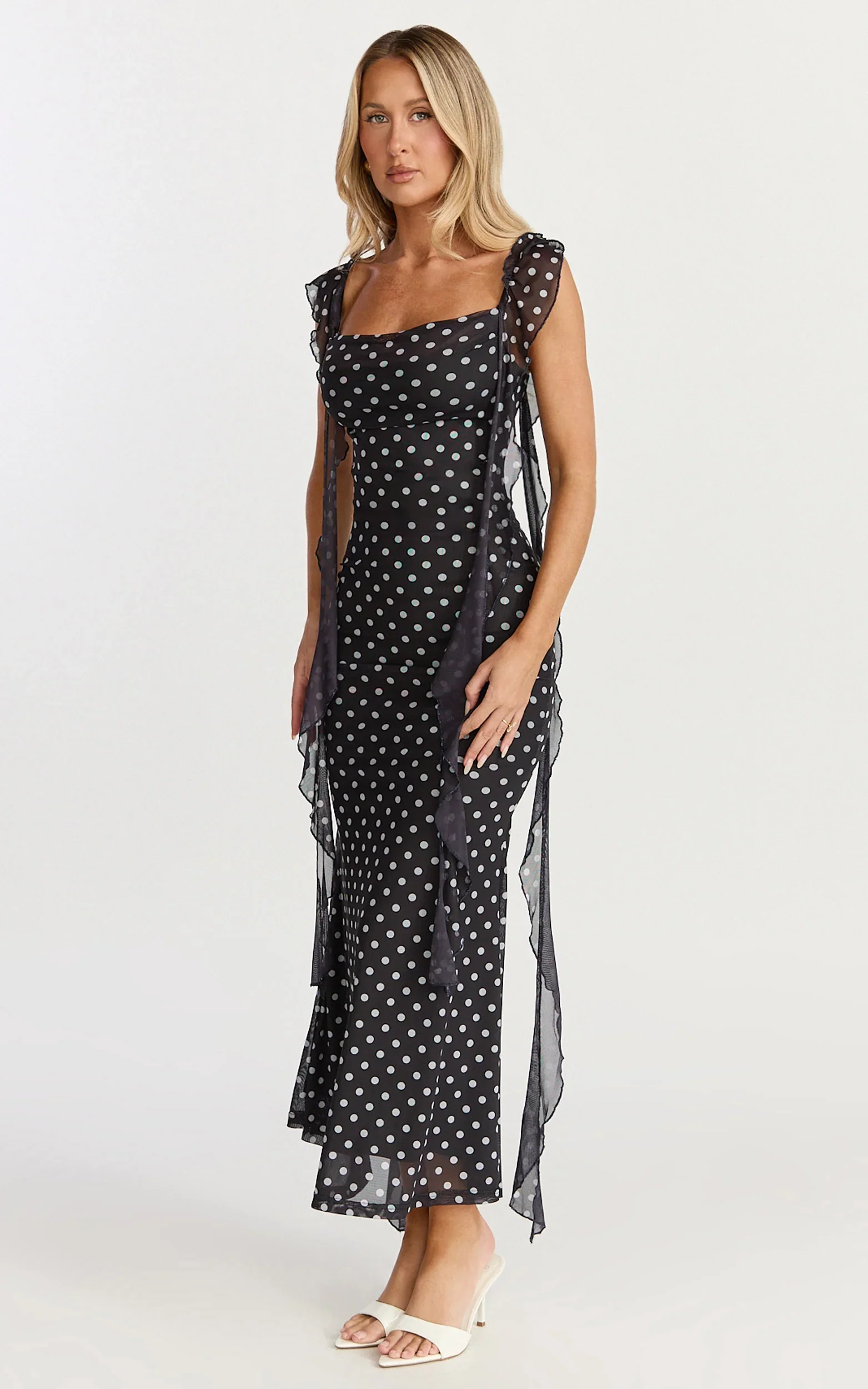 Rosha Midi Dress - Ruffle Strap Dress in Black Polkadot