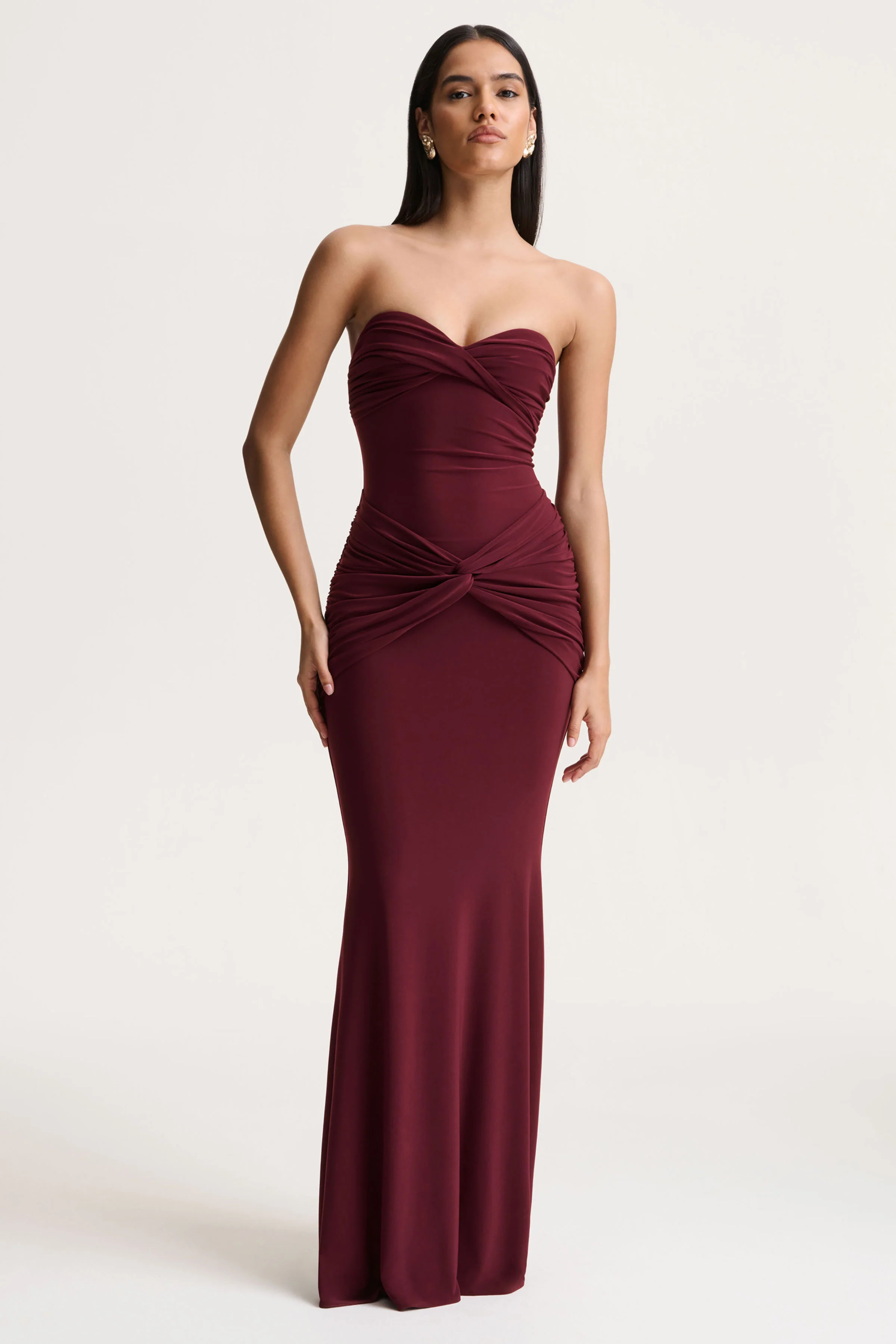 Elodia | Burgundy Bandeau Maxi Dress With Gathered-Detailing