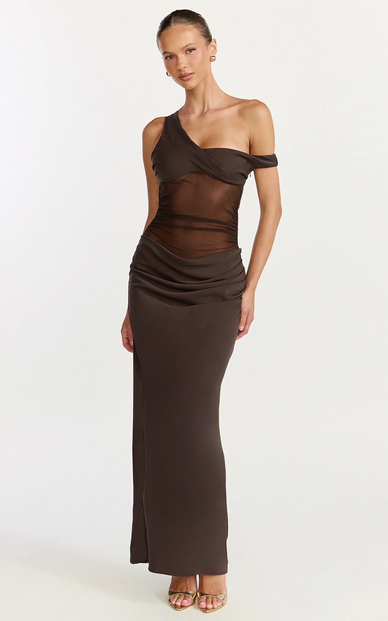 Elias Maxi Dress - Twisted One Shoulder Cowl Dropped Waist Dress in Chocolate