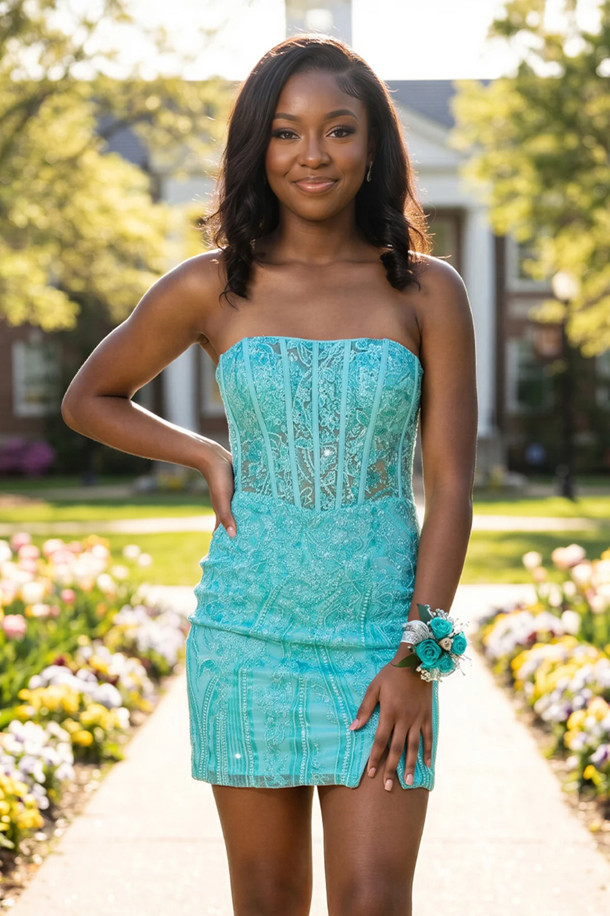 Turquoise Strapless Bodycon Appliqued Mini Homecoming Dresses With Slit