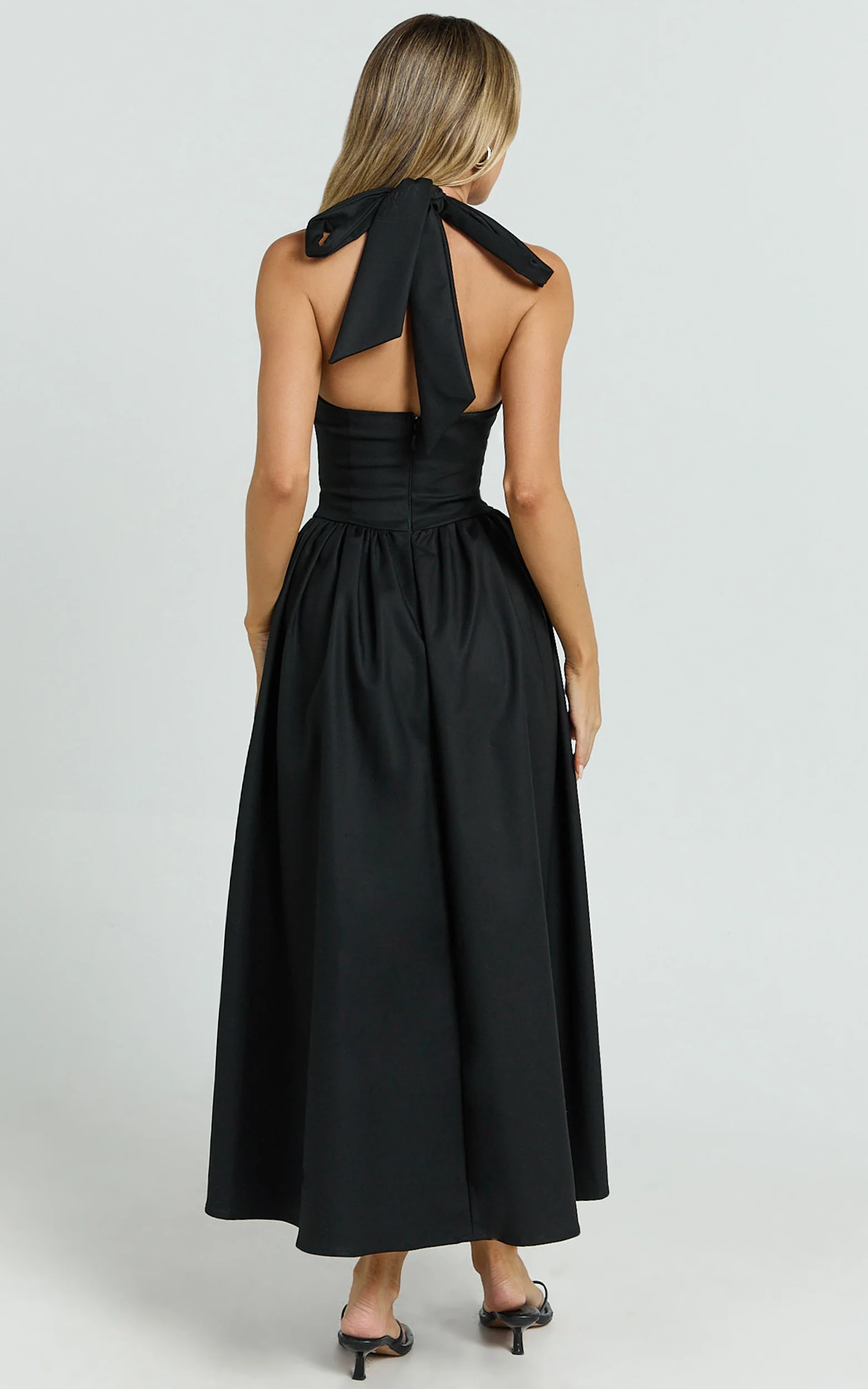 Helda Midi Dress - Halter Tie Neck Corset Panel Dress in Black