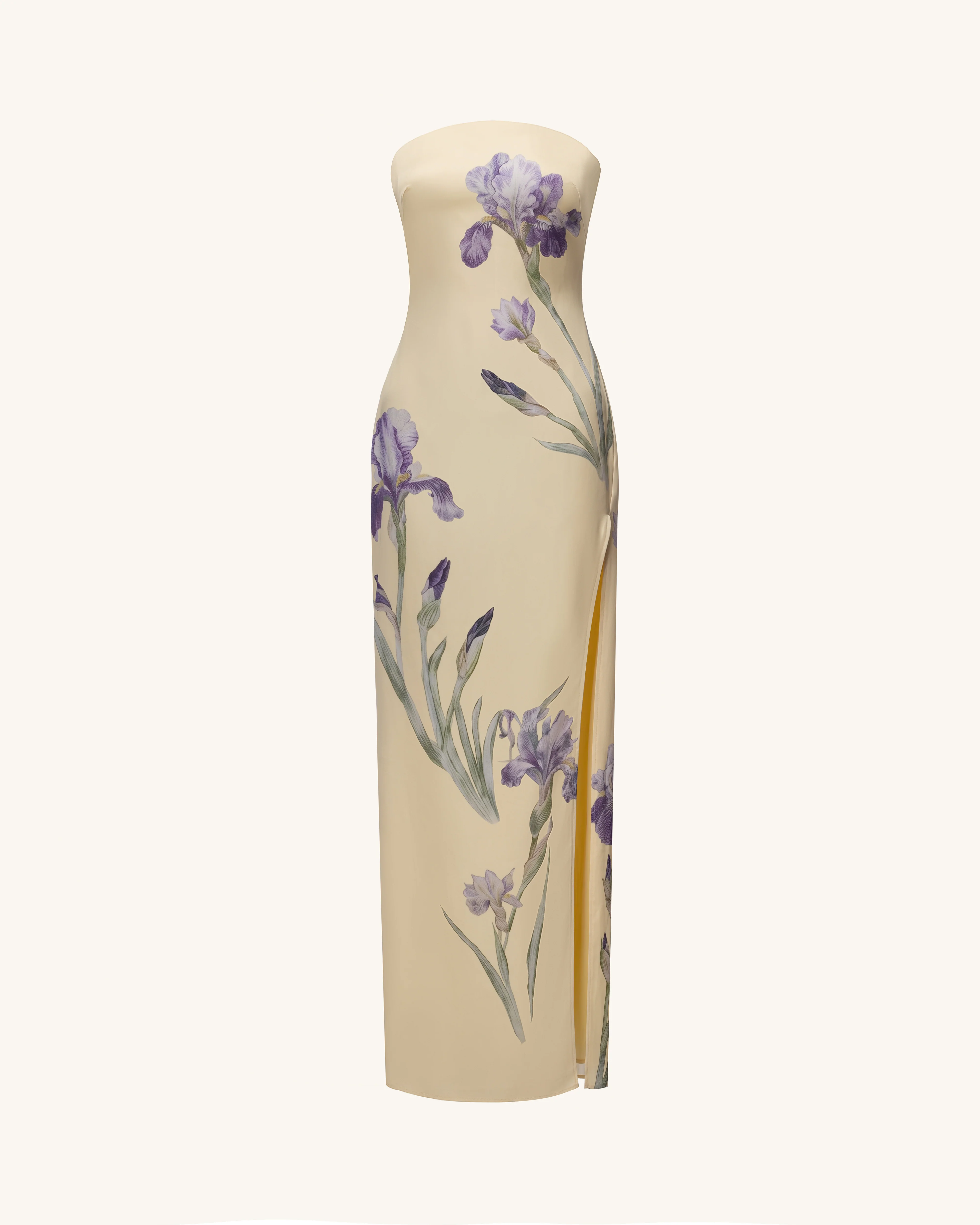 Iris Print Strapless Satin Slit Maxi Dress - Soft Yellow - FASHION NOB