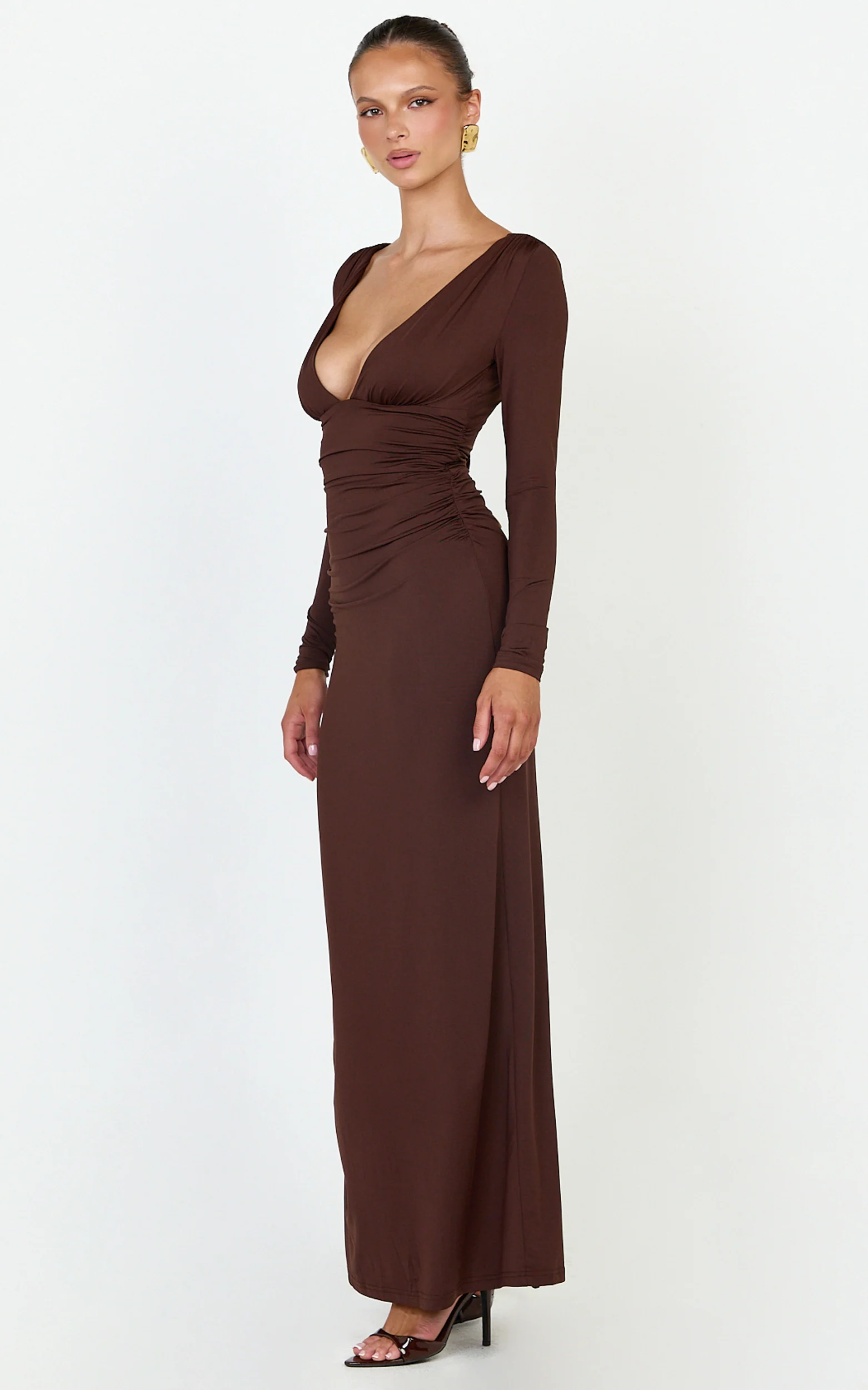 Juniper Maxi Dress - V Neckline Long Sleeve Gathered Detail Dress in Dark Chocolate