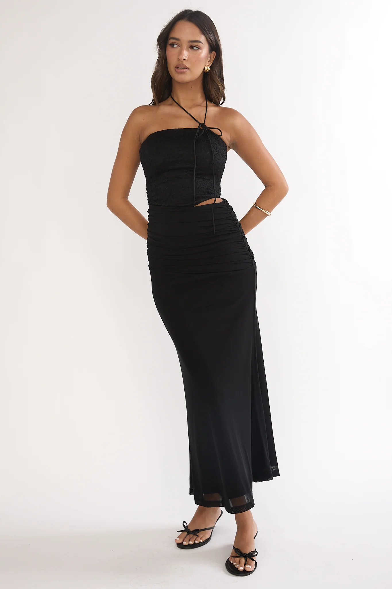 Truths Cut-Out Waist Ruched Maxi Dress Black - luluinthesky