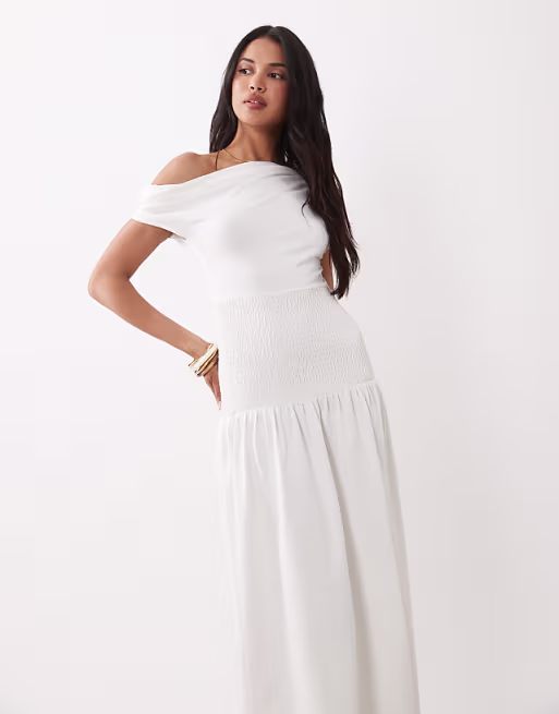 The Frolic exclusive jersey shirred waistband off shoulder midi dress in white