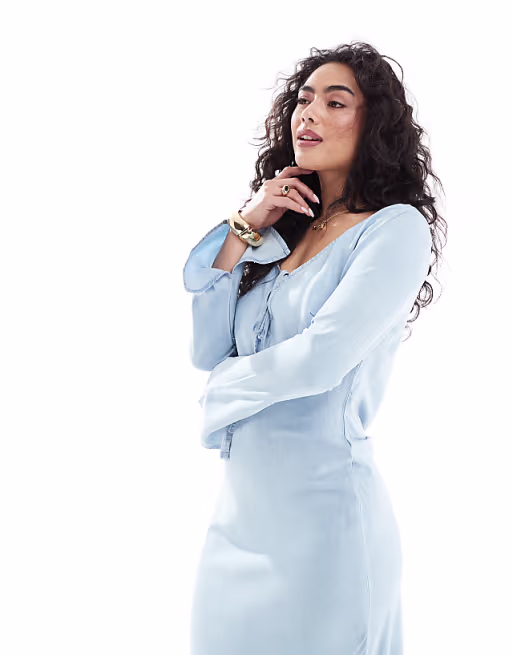 soft denim maxi dress with tie front in light blue