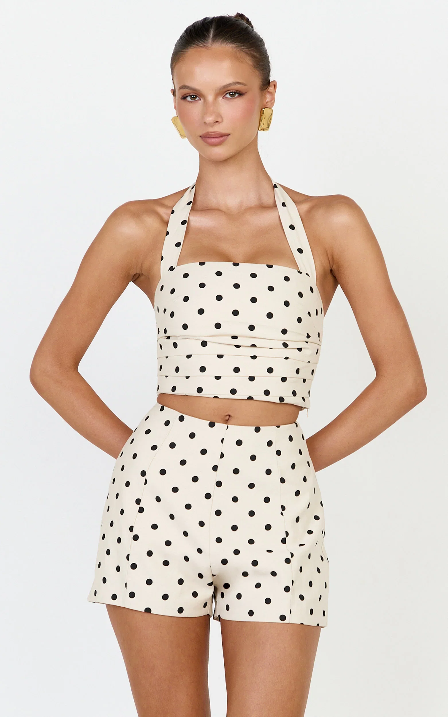Lillie Two Piece Set - Halter Top And Matching Shorts Set in Black & White polka
