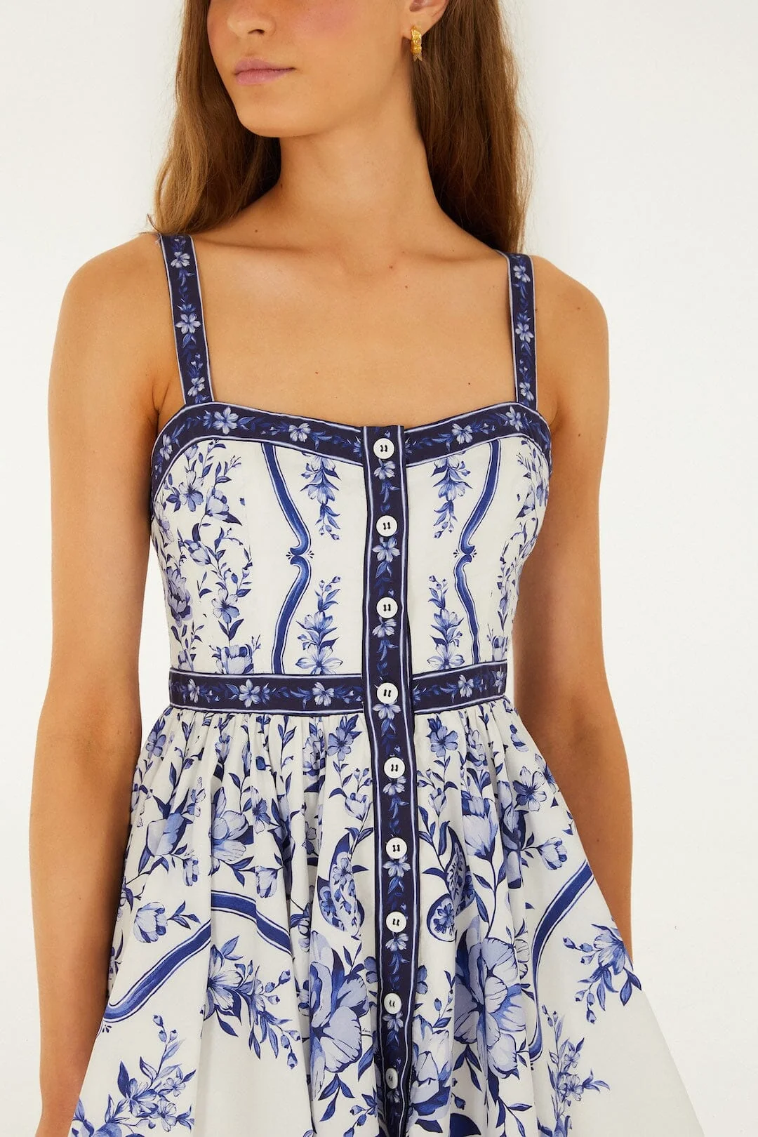 Off-White Porcelain Garden Buttoned  Mini Dress