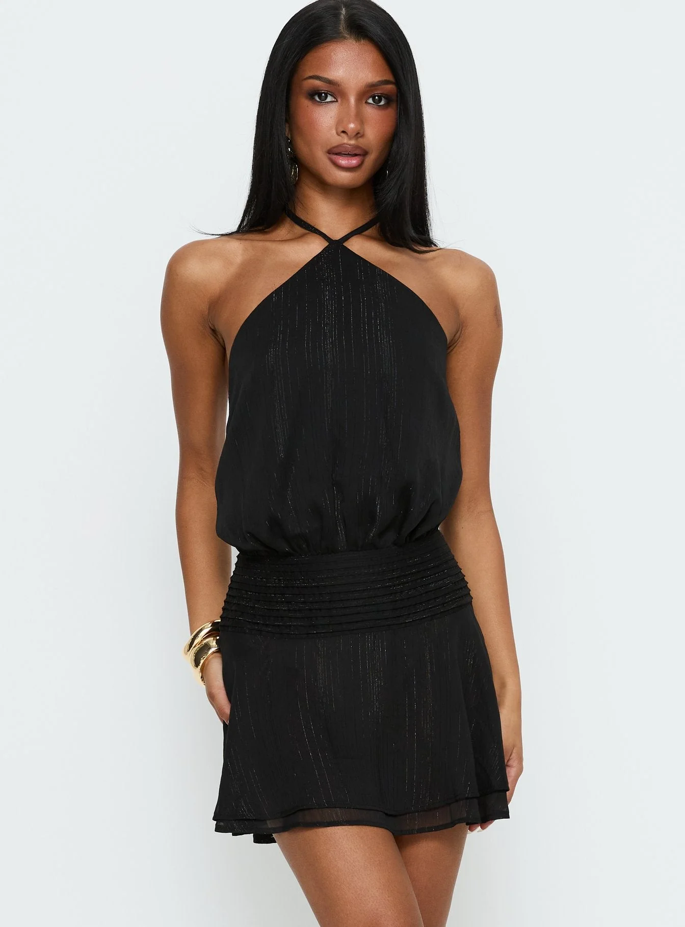 Rozario Chiffon Halter Mini Dress Black / Silver