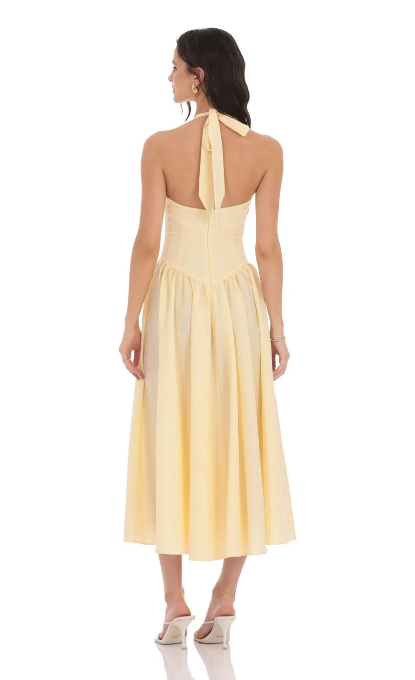 Halter Midi Dress in Yellow - luluinthesky