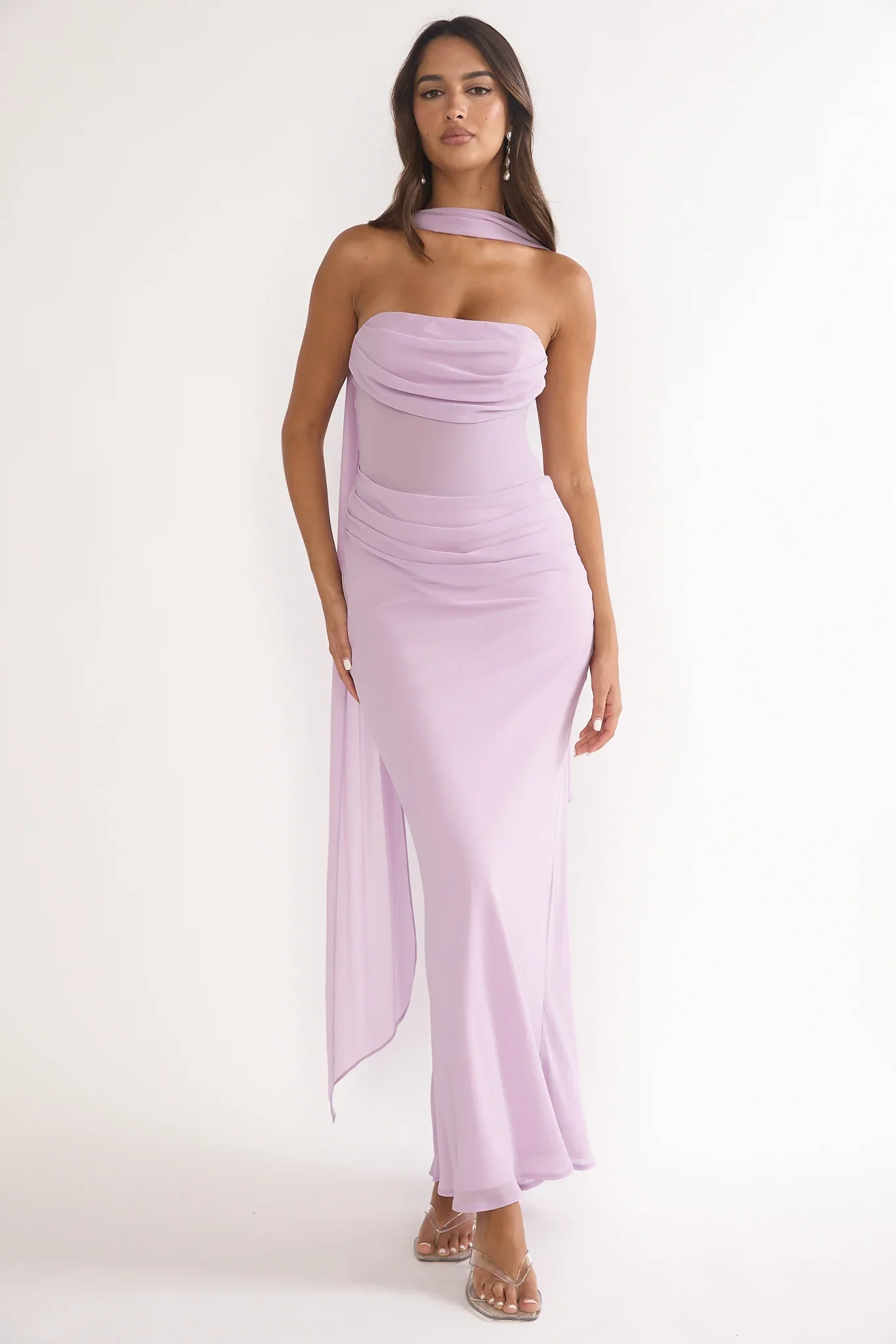 Unforgettable Day Drape Waist Strapless Maxi Dress Lilac