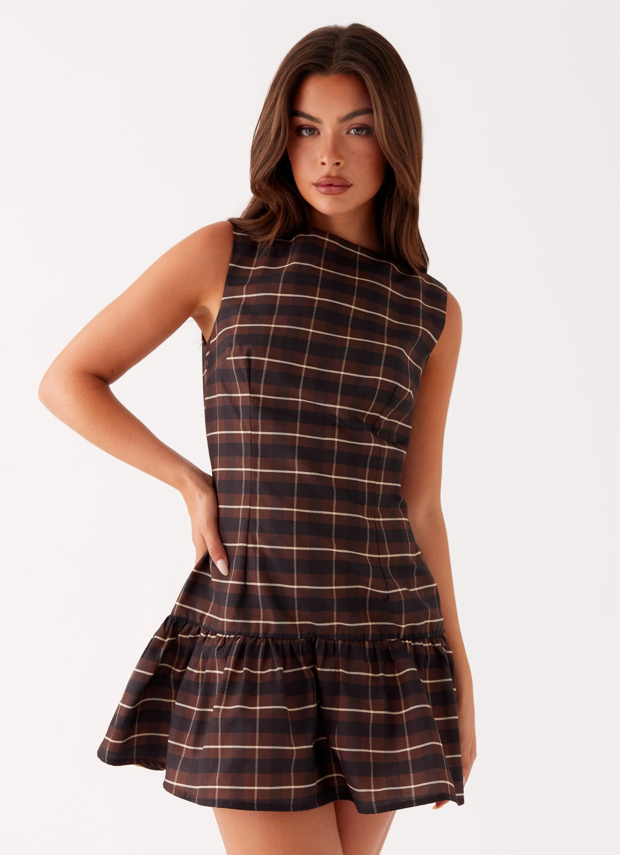 Arizona Mini Dress - Brown Black Check - luluinthesky