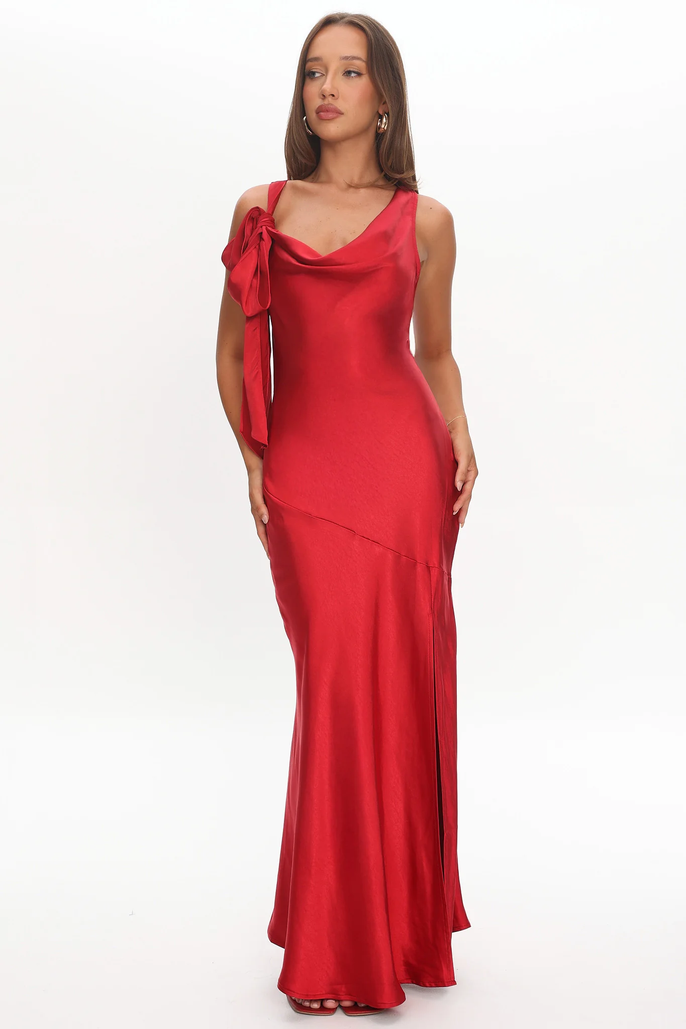 Averie Bow Shoulder Split Midi Dress Red - luluinthesky