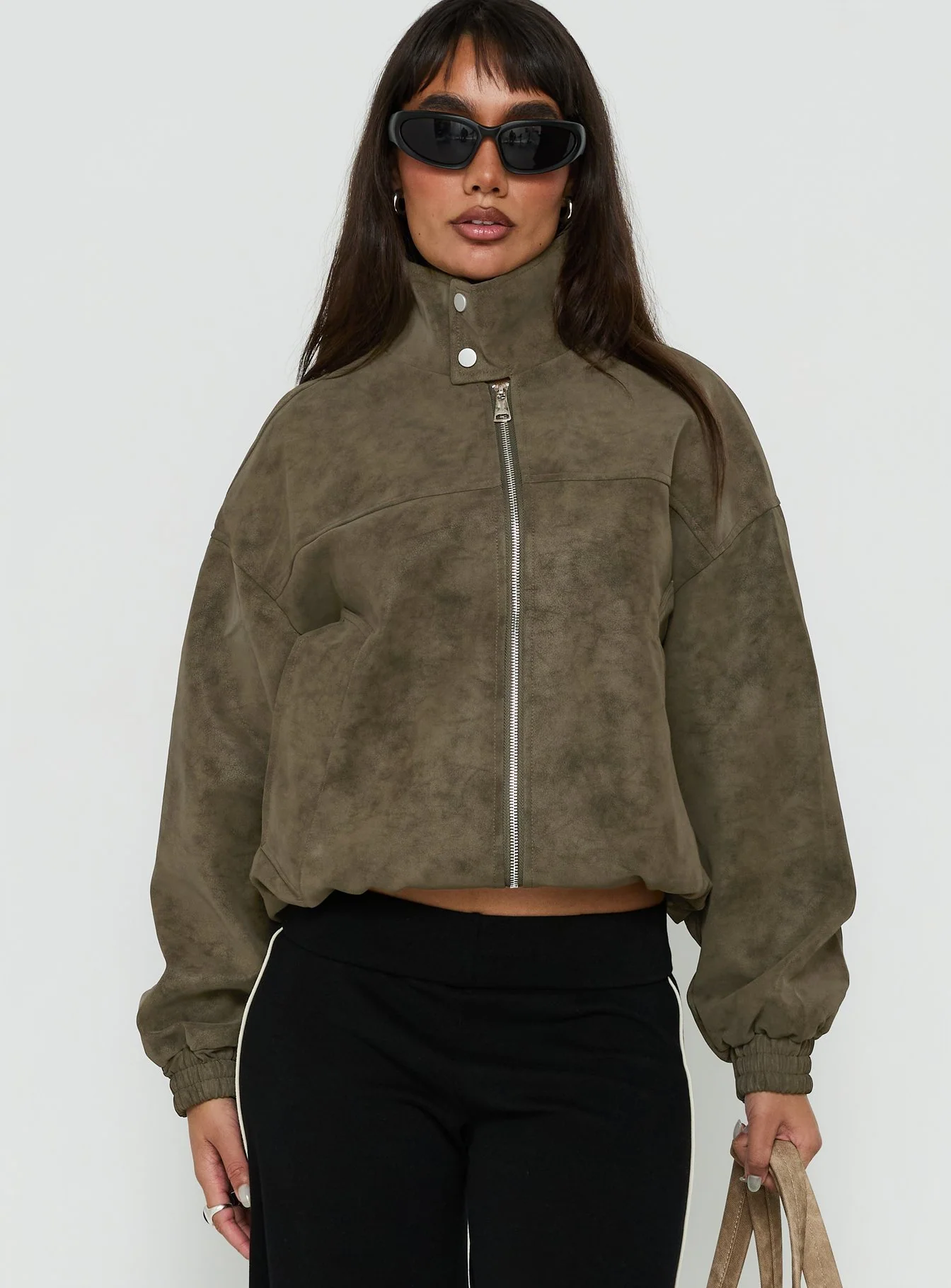 Ellissa Faux Suede Bomber Jacket Khaki
