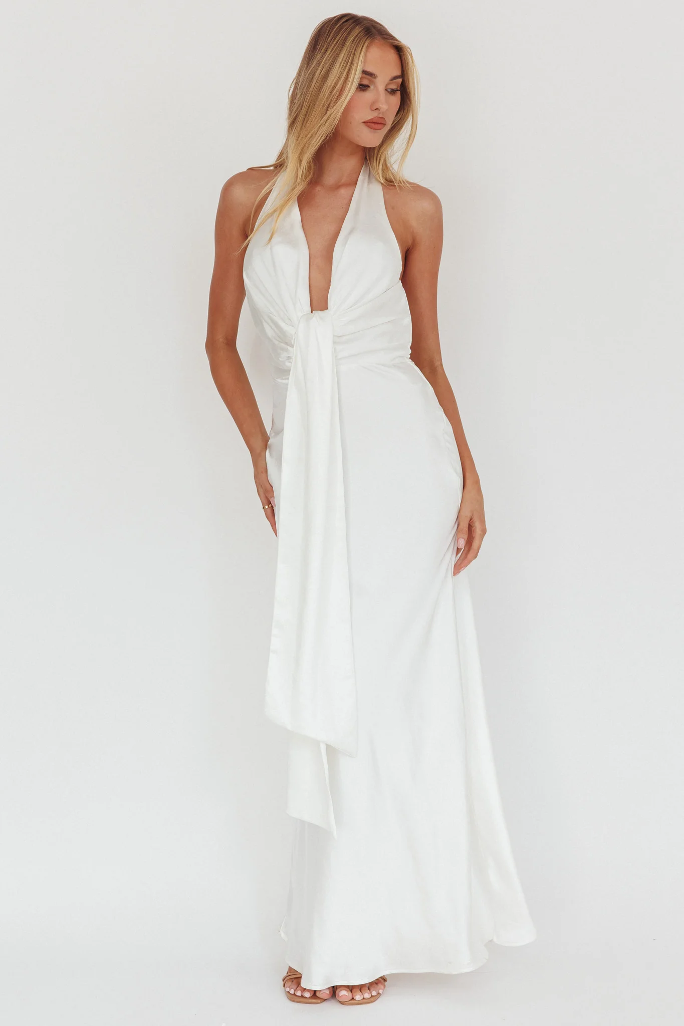 Make Believe Plunging Halterneck Maxi Dress Oyster - luluinthesky