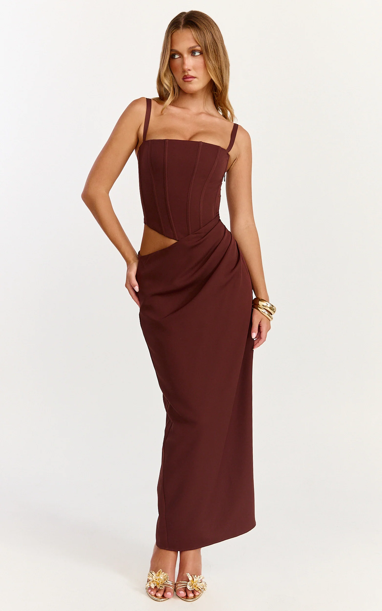 Jonas Midi Dress - Strapless Corset Bodice Draped Waist Skirt Dress in Chocolate