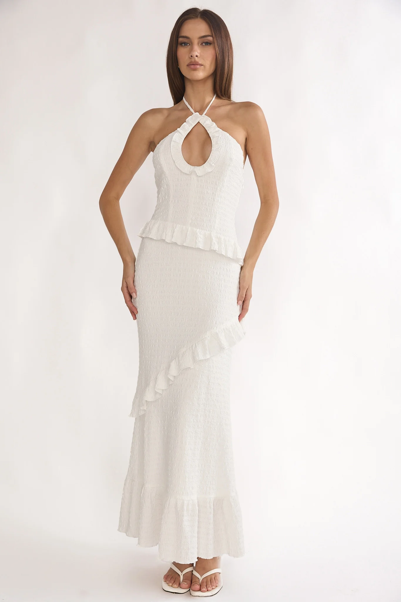 Clemence Smocked Frill Trim Maxi Dress White