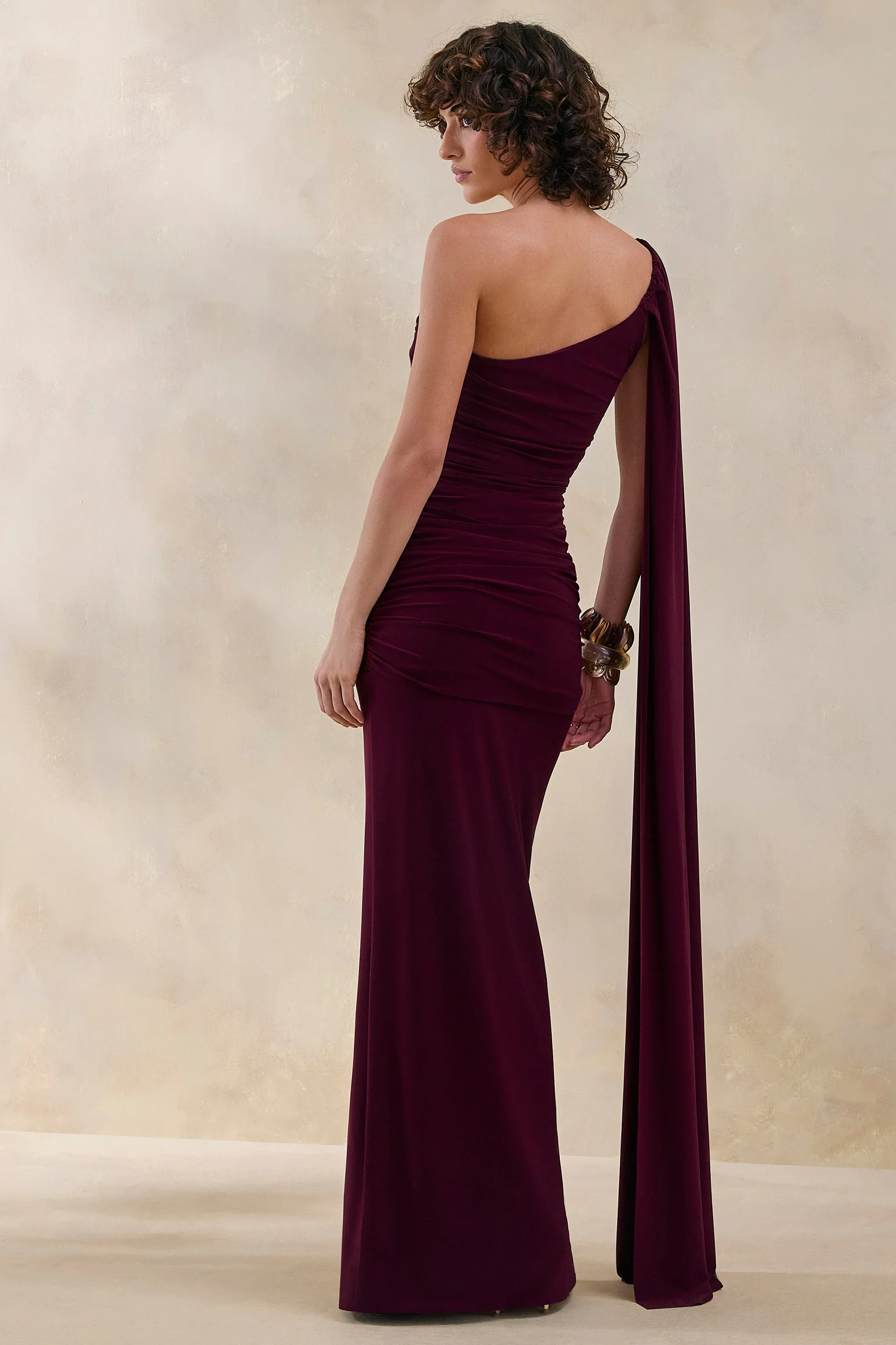 Bettine | Burgundy Asymmetric-Neck Maxi Dress With Cape-Sleeve