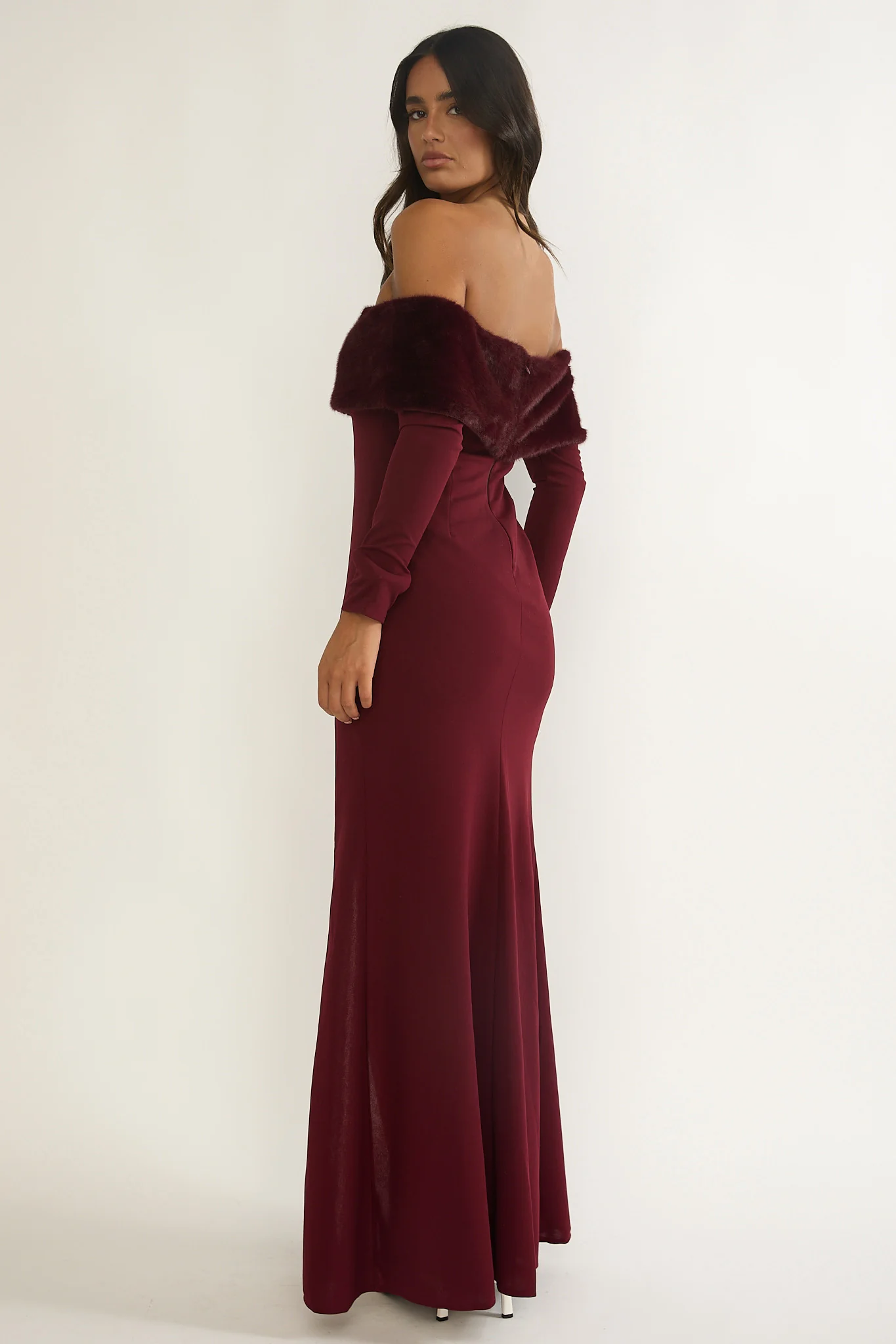 Noella Off-Shoulder Fur Trim Maxi Dress Wine