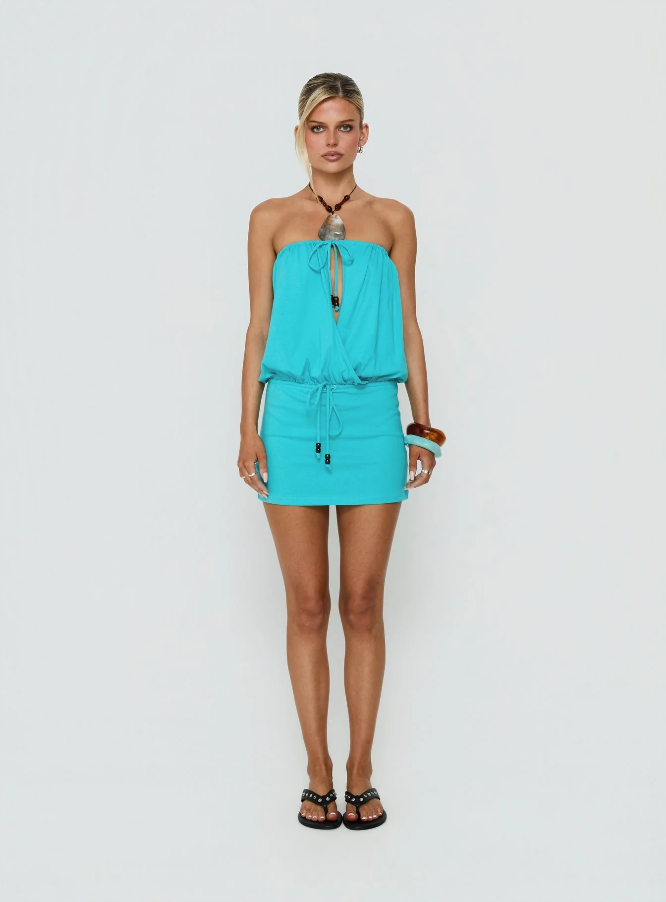 Upper Echelon Draped Strapless Mini Dress Cyan