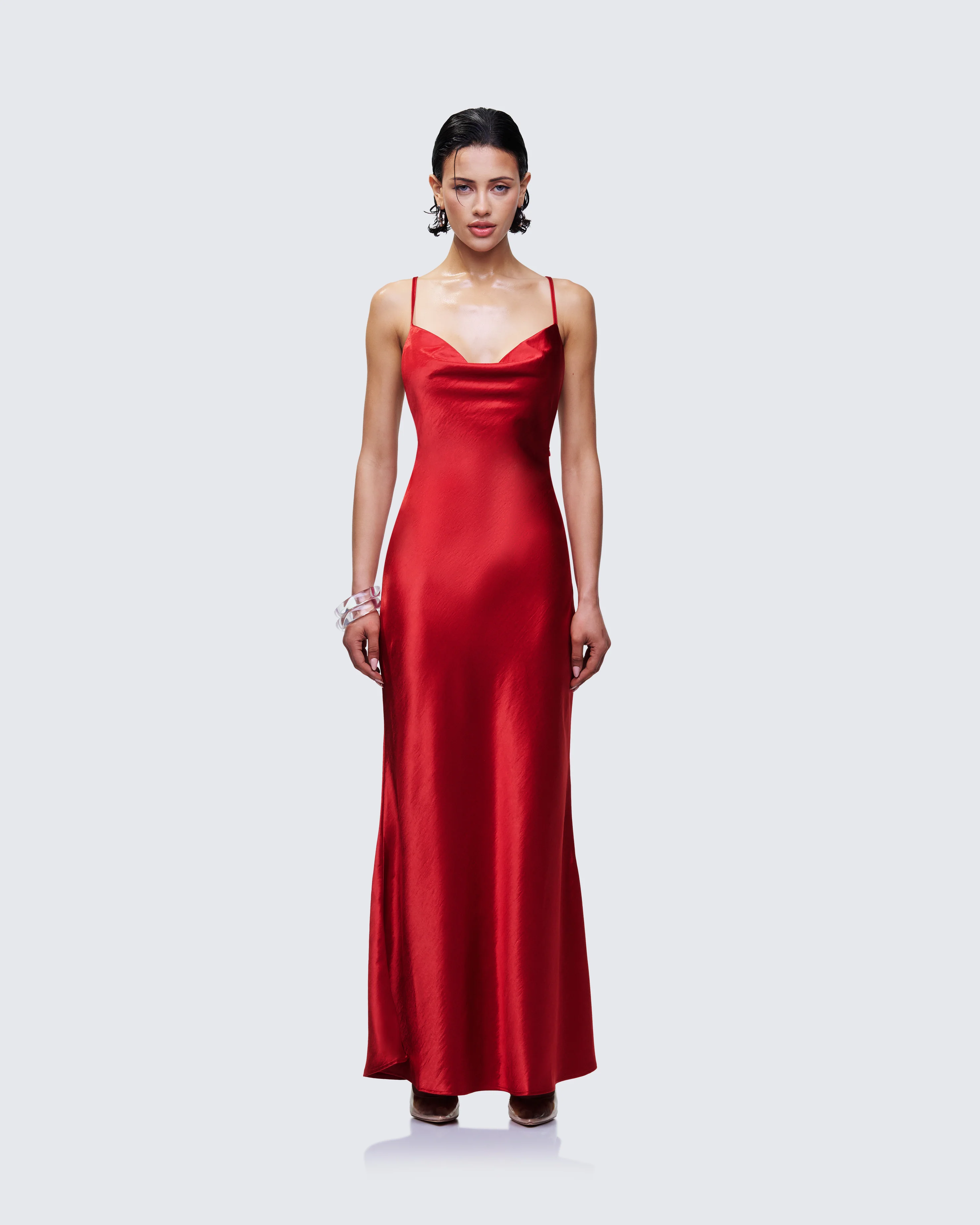 Elspeth Red Satin Bias Slip Maxi Dress