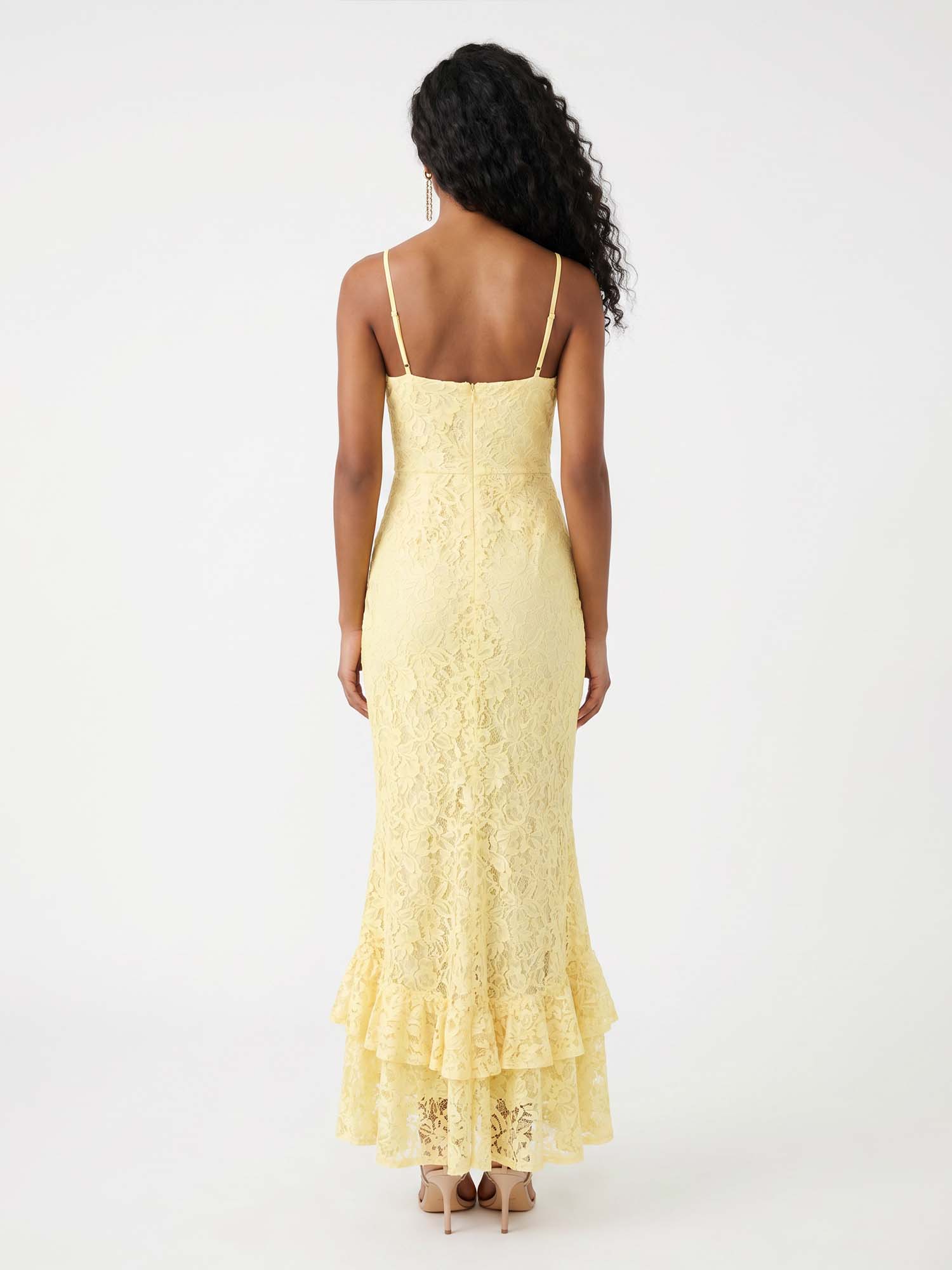 Golden Ruffle Lace Midi Dress