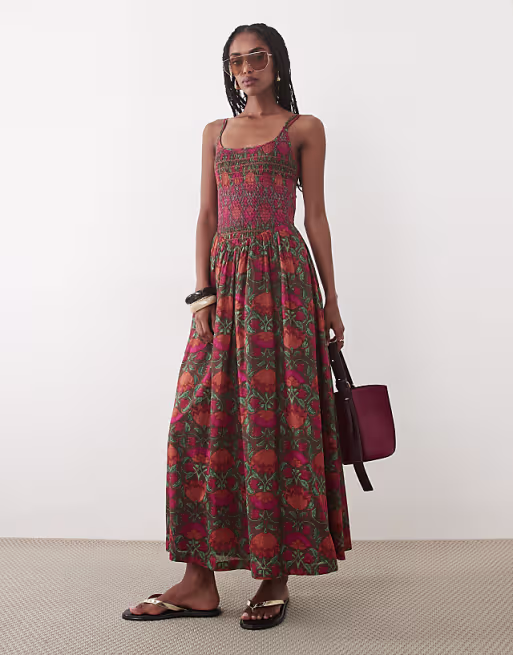 Abercrombie & Fitch scoop neck dipped waist midaxi dress with bold floral print in brown