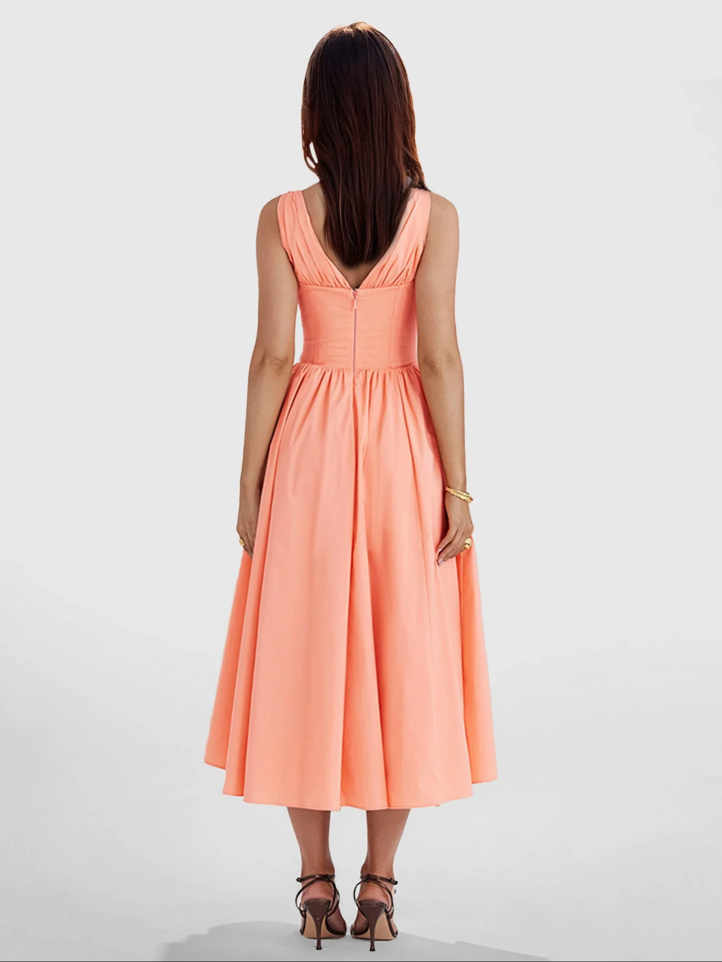 V-Neck Cinched Waist Midi Dress