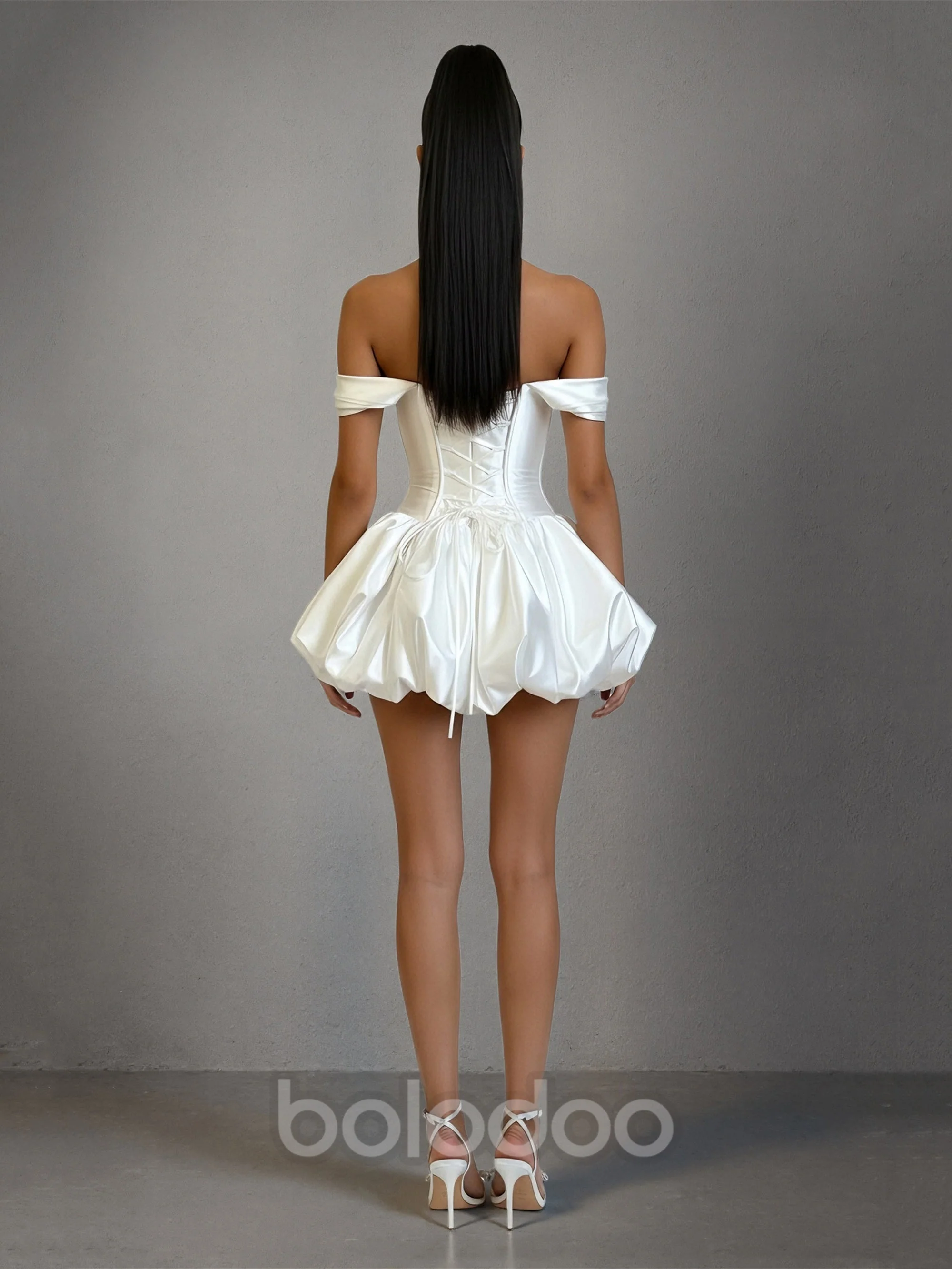 BOLODOO White Off-Shoulder Satin Corset Bubble Mini Dress