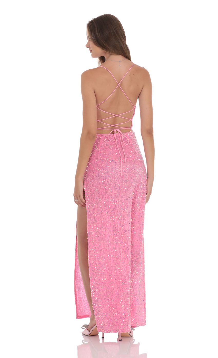 Cowl Neck Velvet Sequin Maxi Dress in Pink