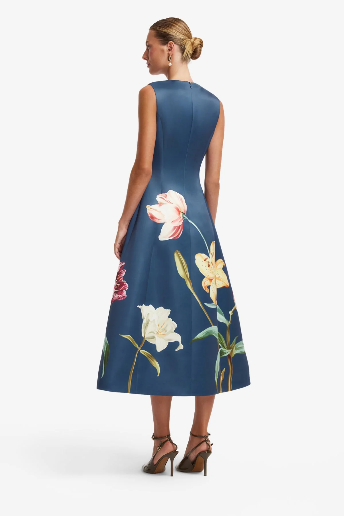 Cleo Embroidered Sleeveless Midi Dress - Lily Print in Indigo