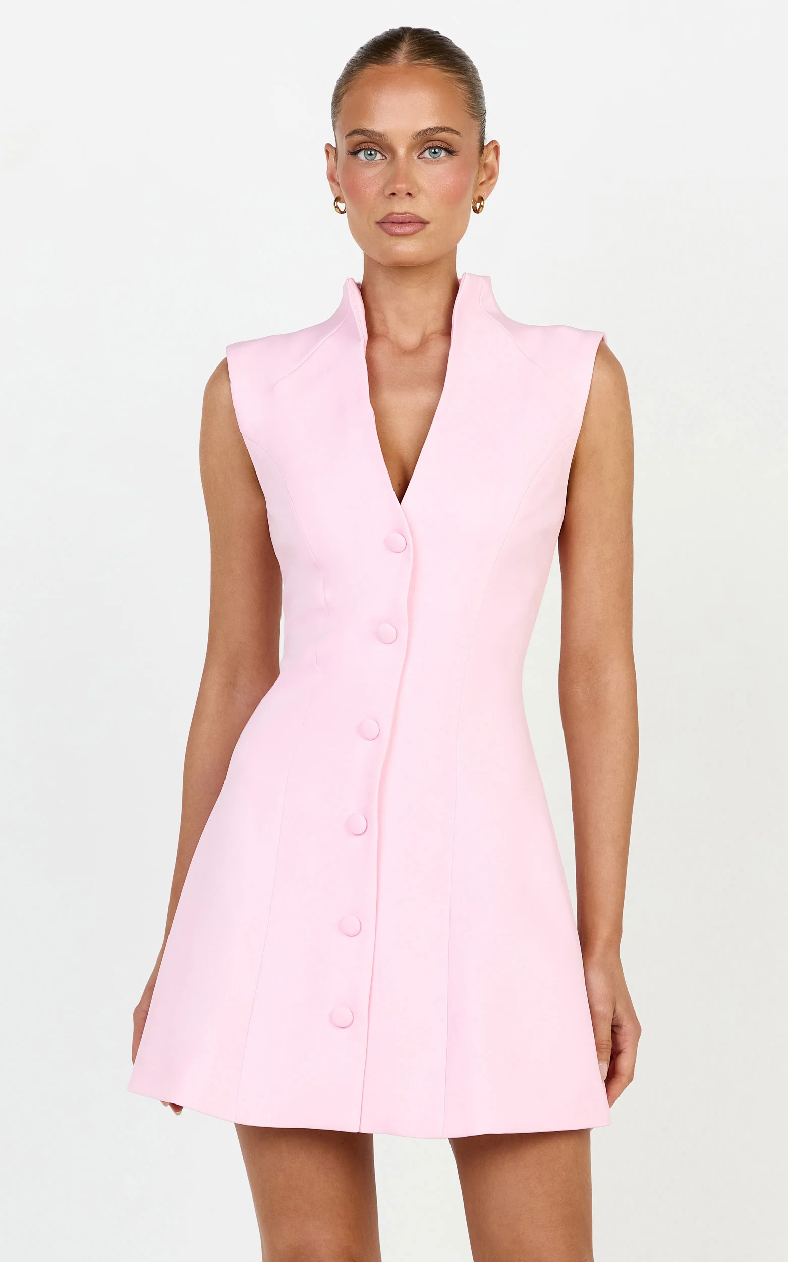 Jacinta Mini Dress - Sleeveless Button Front Tulip Dress in Baby Pink
