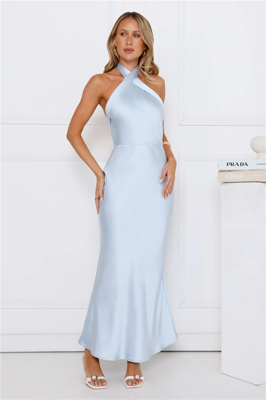 Majestic Girl Halter Satin Maxi Dress Blue
