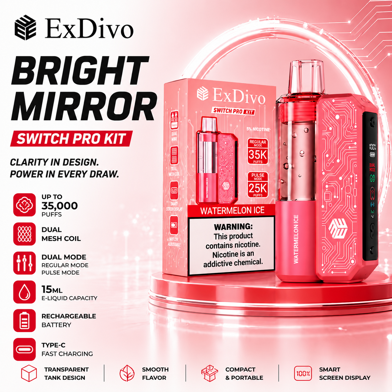 WATERMELON ICE - ExDivo BRIGHT MIRROR 35K Replaceable VAPE kit