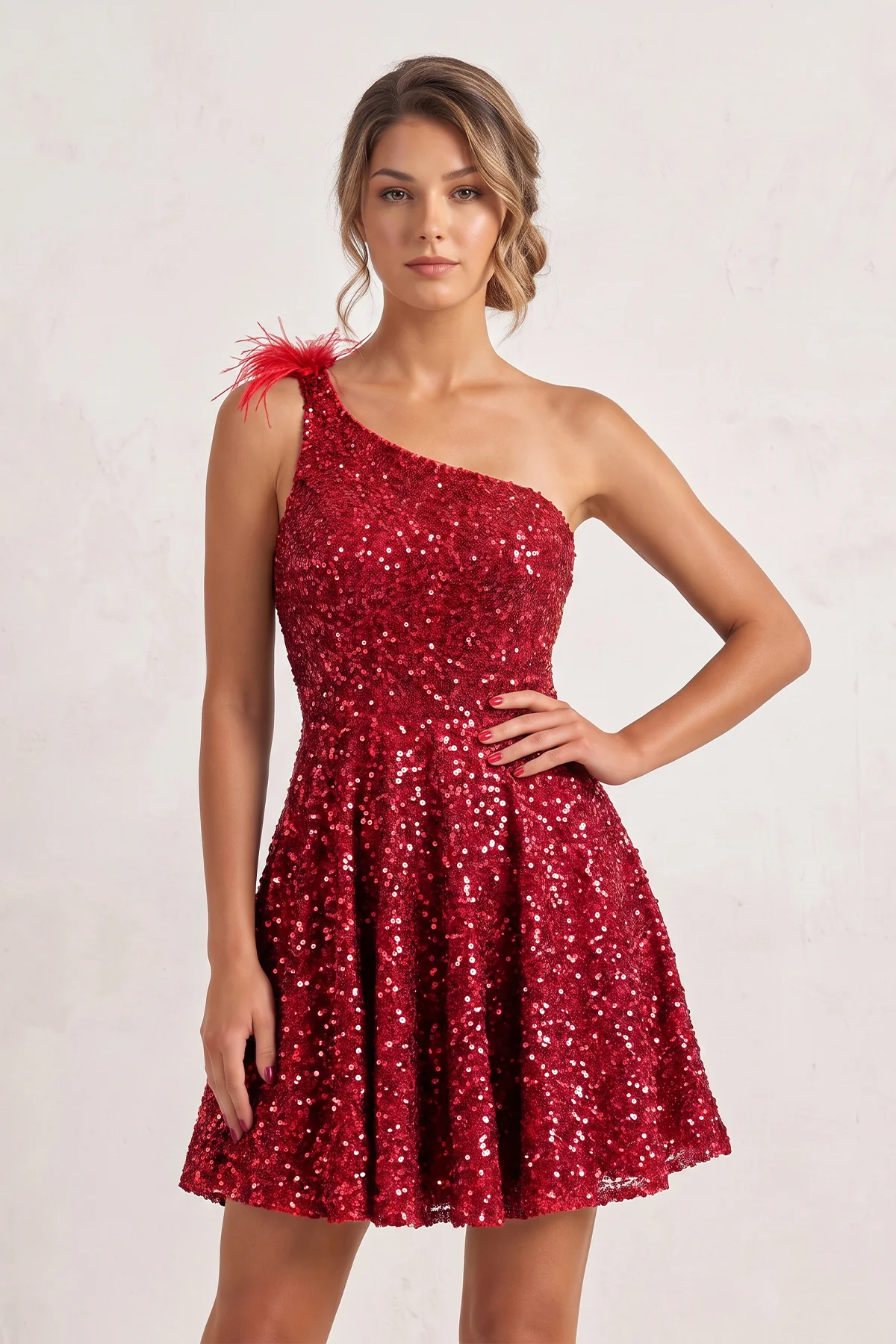 Royal Blue One Shoulder A Line Sequins Homecoming Dresses With Feathers