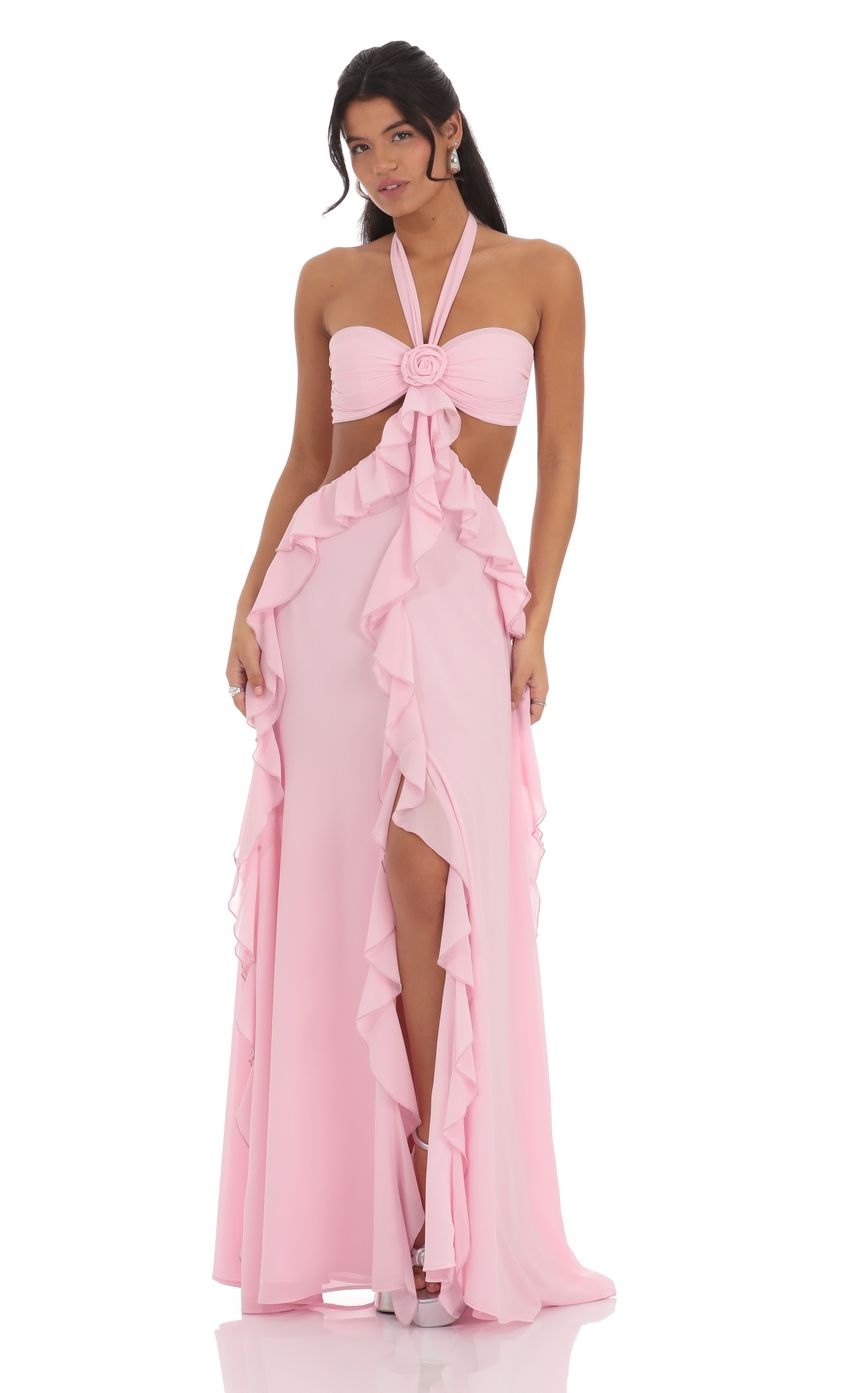 Chiffon Cutout Ruffle Maxi Dress in Pink