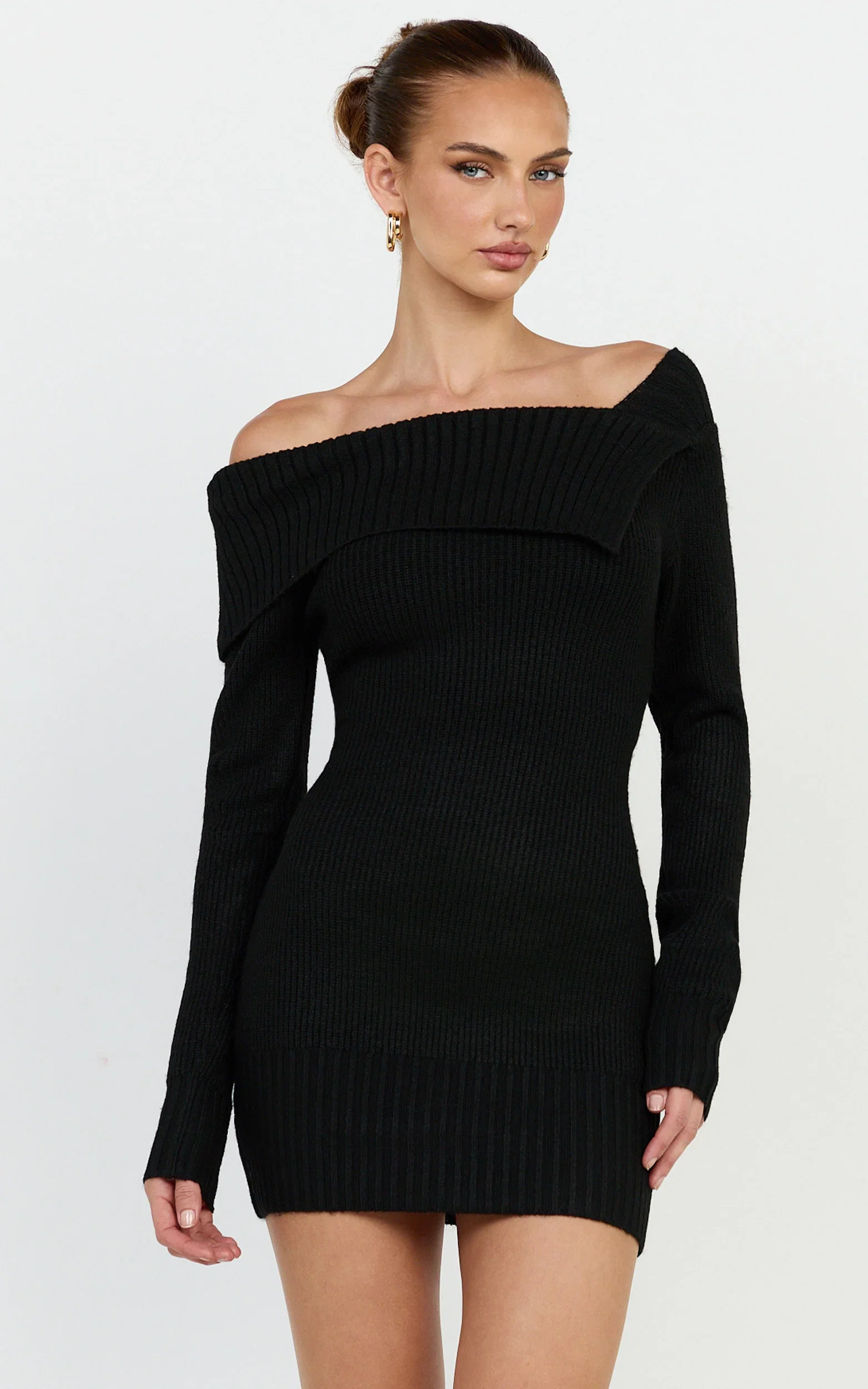 Tess Mini Dress - Asymmetric Off Shoulder Long Sleeve Knit Dress in Black