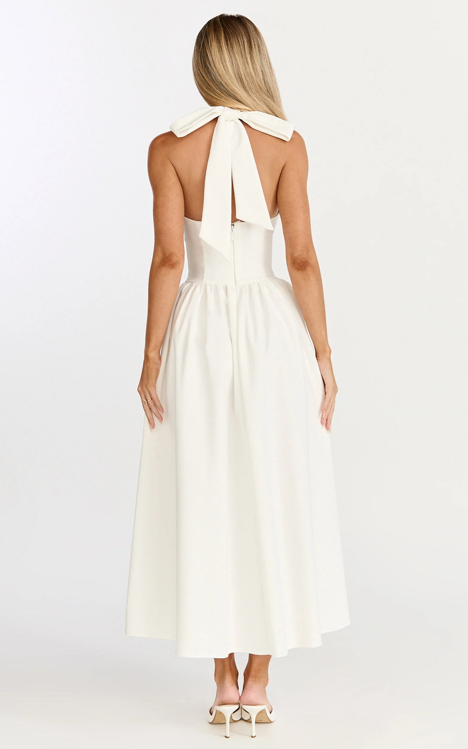 Helda Midi Dress - Halter Tie Neck Corset Panel Dress in Off White