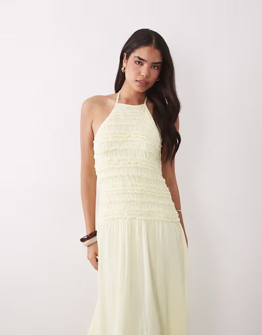 Mango textured halterneck maxi dress in pastel yellow