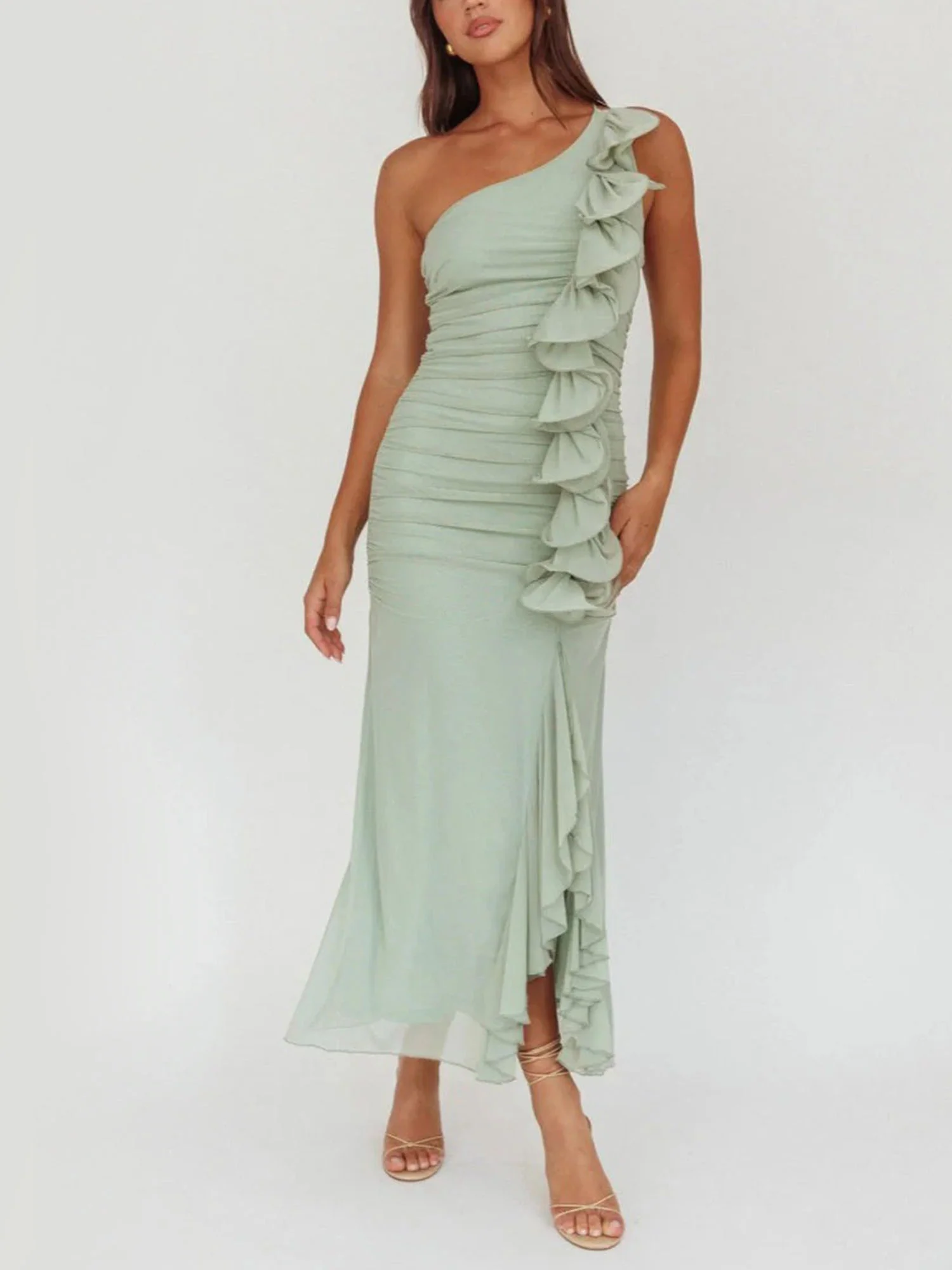 Light Green One Shoulder Ruffle Midi Dress