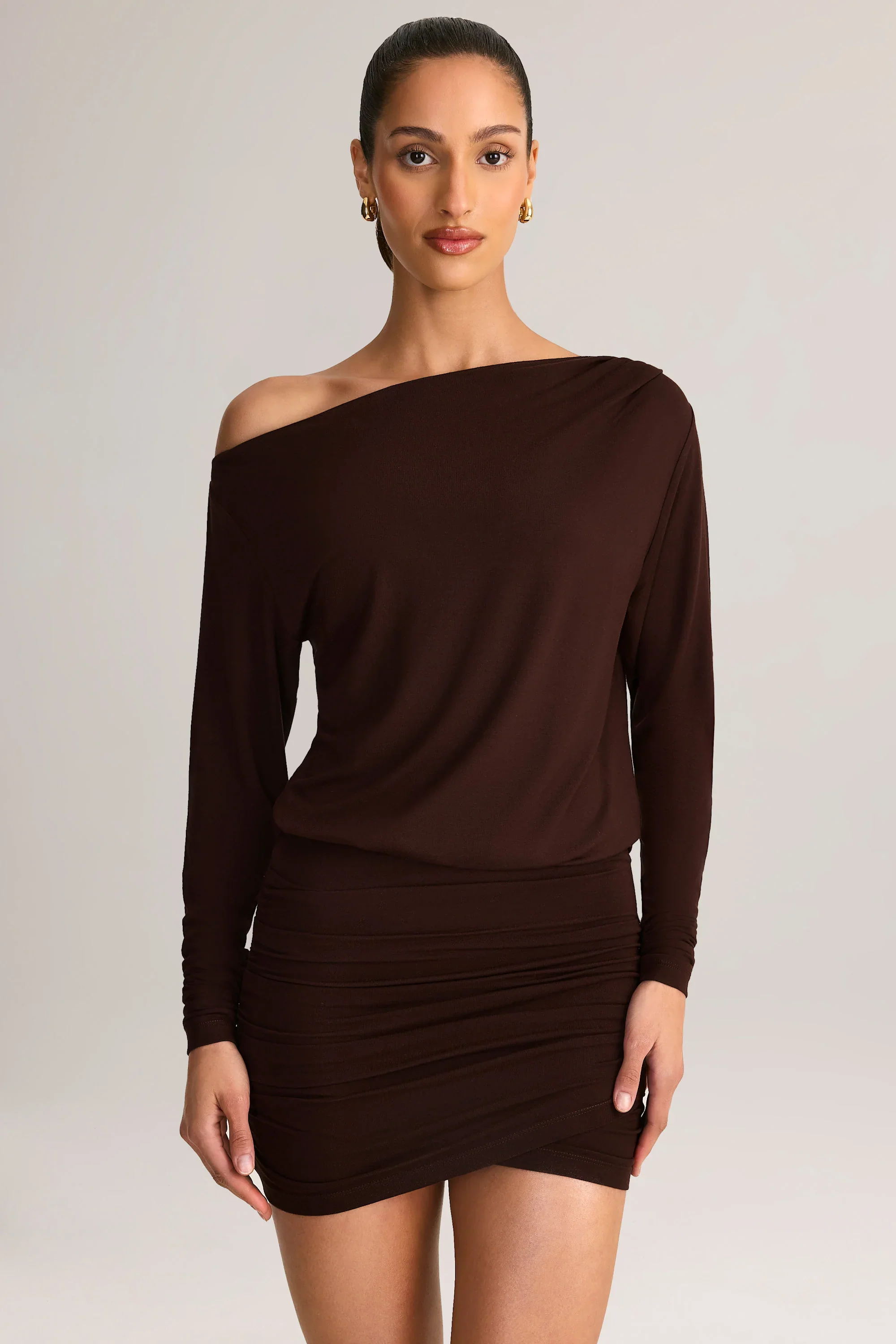 Modal Off-Shoulder Wrap Mini Dress in Chocolate Brown
