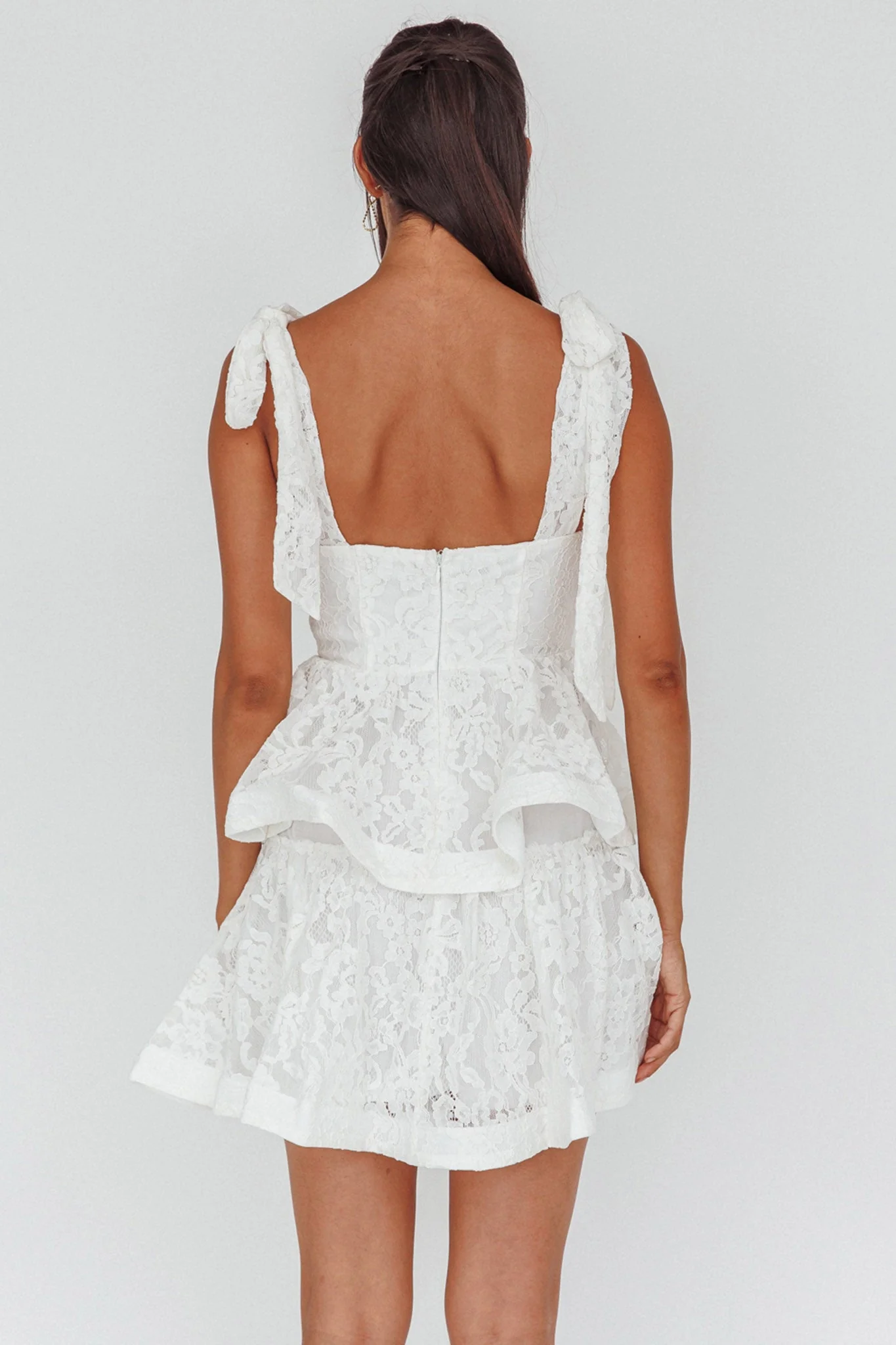 Neriah Tied Shoulder Tiered Lace Mini Dress White - luluinthesky