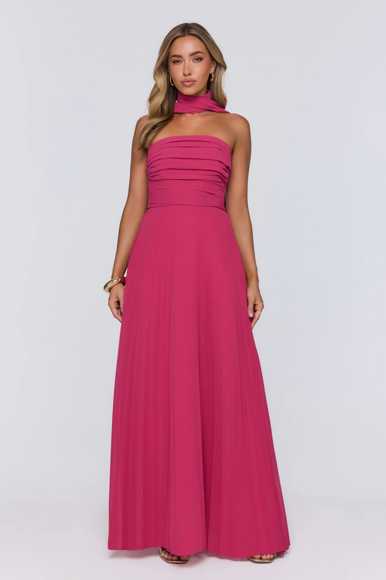 Sugar Babe Strapless Pleated Maxi Dress Magenta