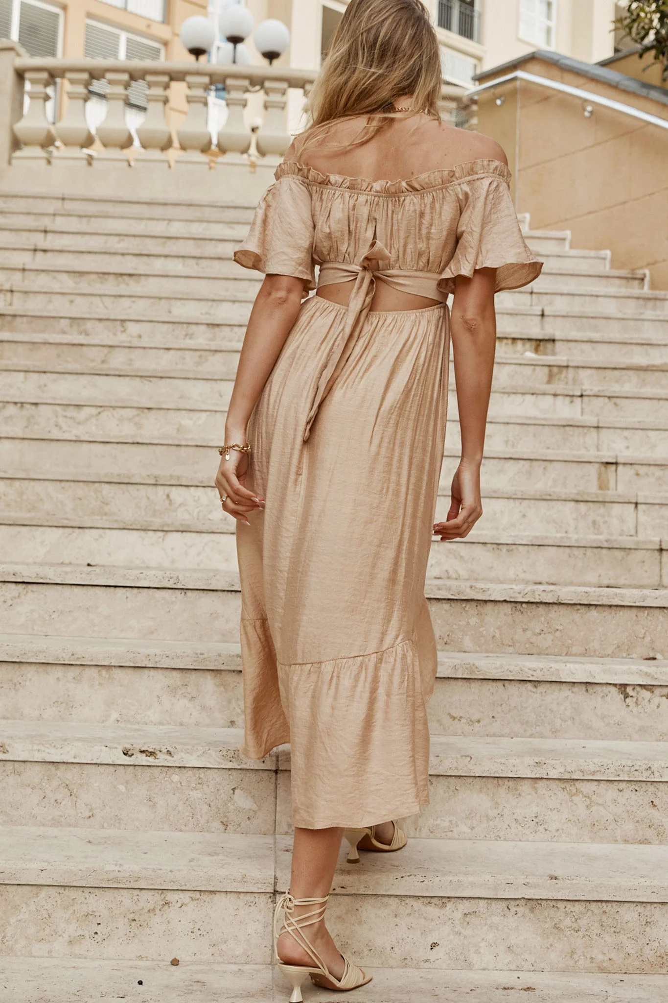 Dandelion Off-Shoulder Tied Back Midi Dress Sand