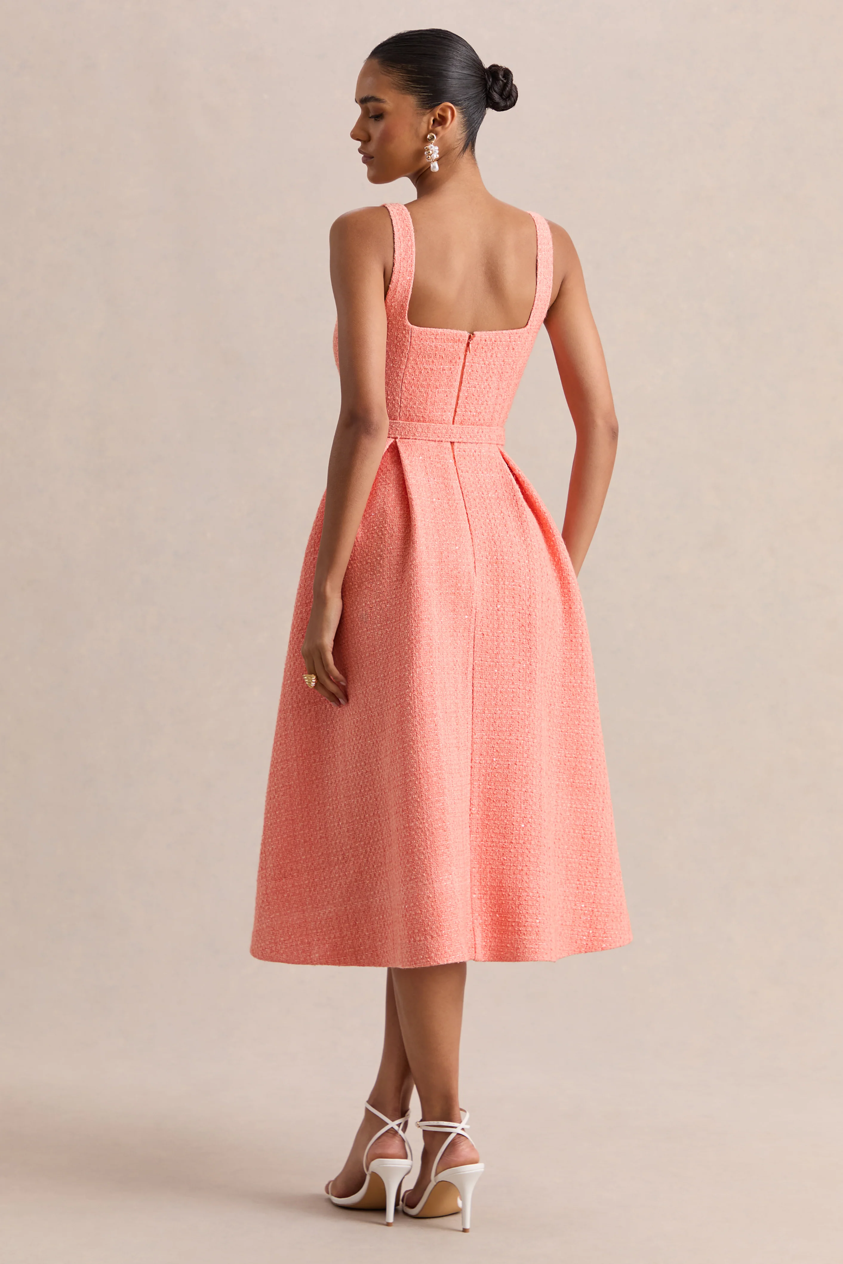 Camoria | Coral Boucle Square-Neck Midi Dress