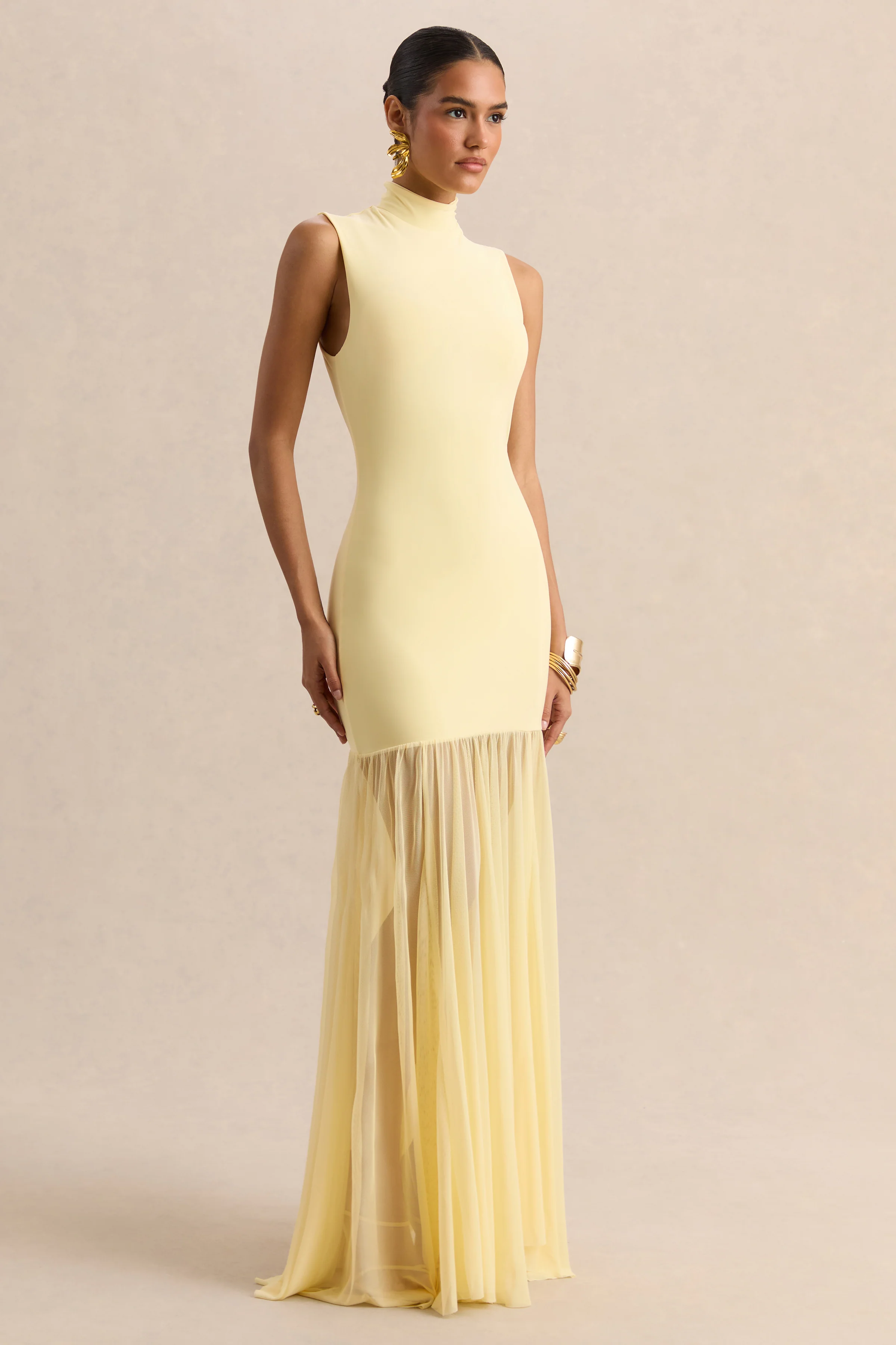 Felina | Lemon High-Neck Maxi Dress With Sheer-Skirt