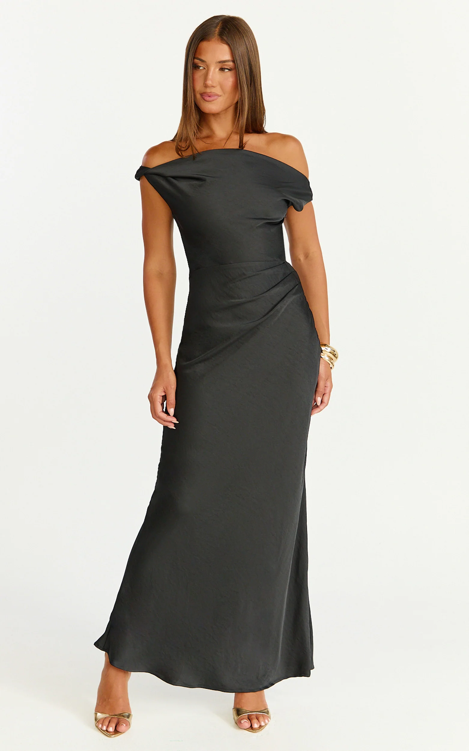 Lira Midi Dress - One Shoulder Satin Dress in Black