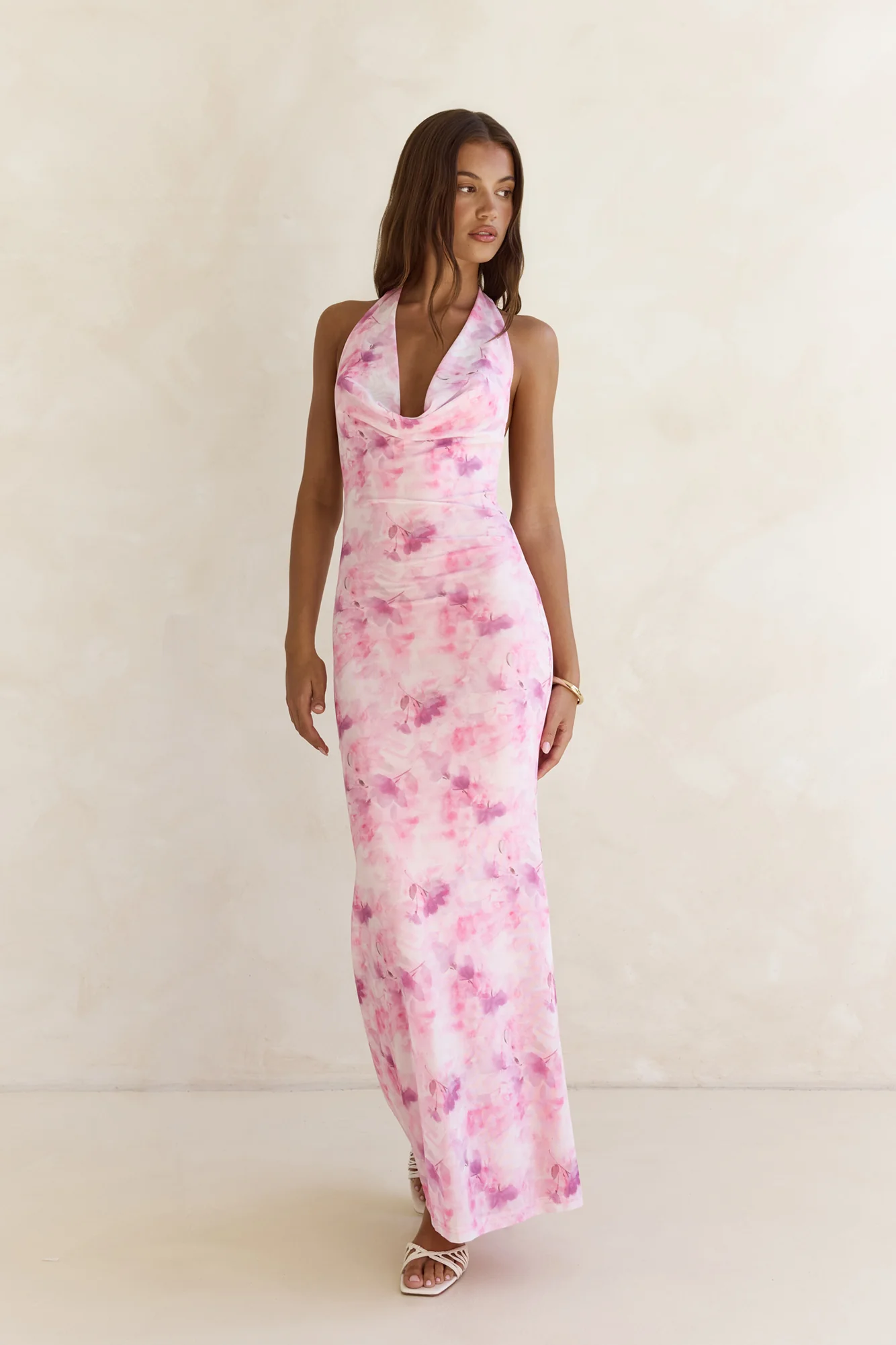 Blooming Loves Mesh Halter Maxi Dress Pink - luluinthesky