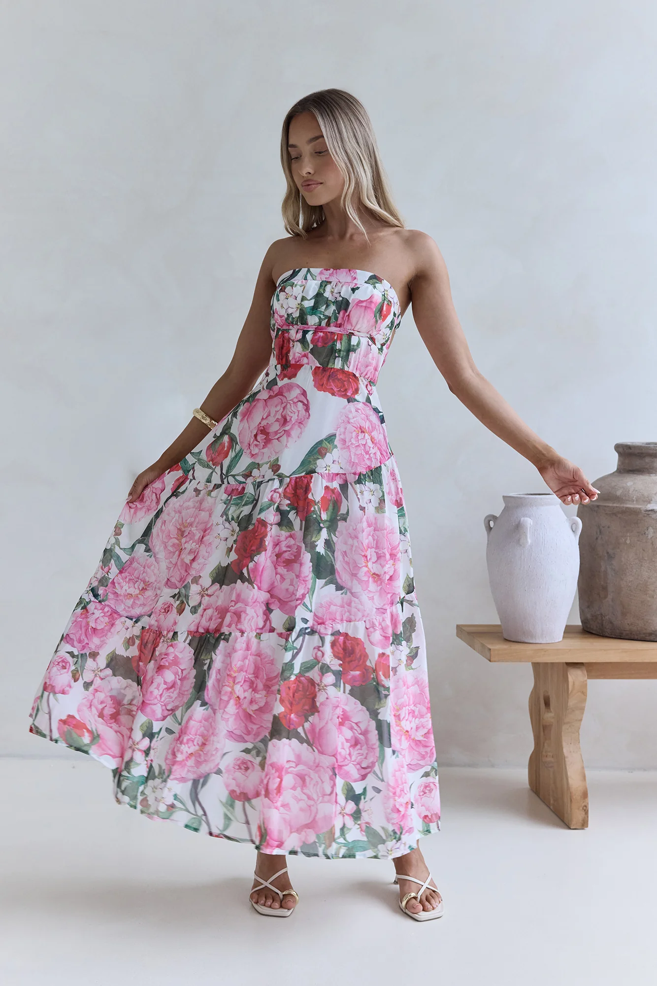 Bouquet In Bloom Strapless Maxi Dress Pink